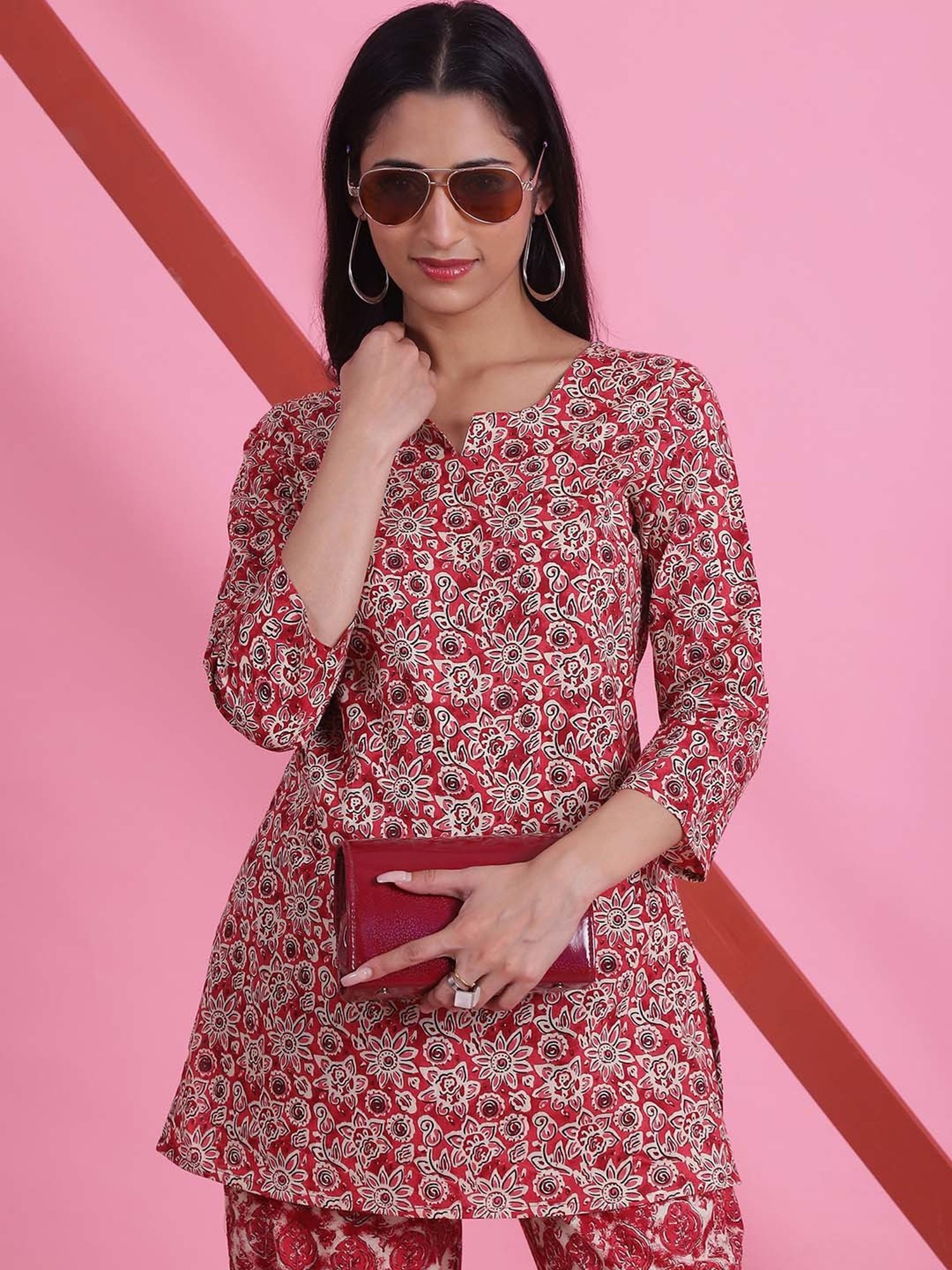 Prakrti Maroon Cotton Floral Print Top Pant Set