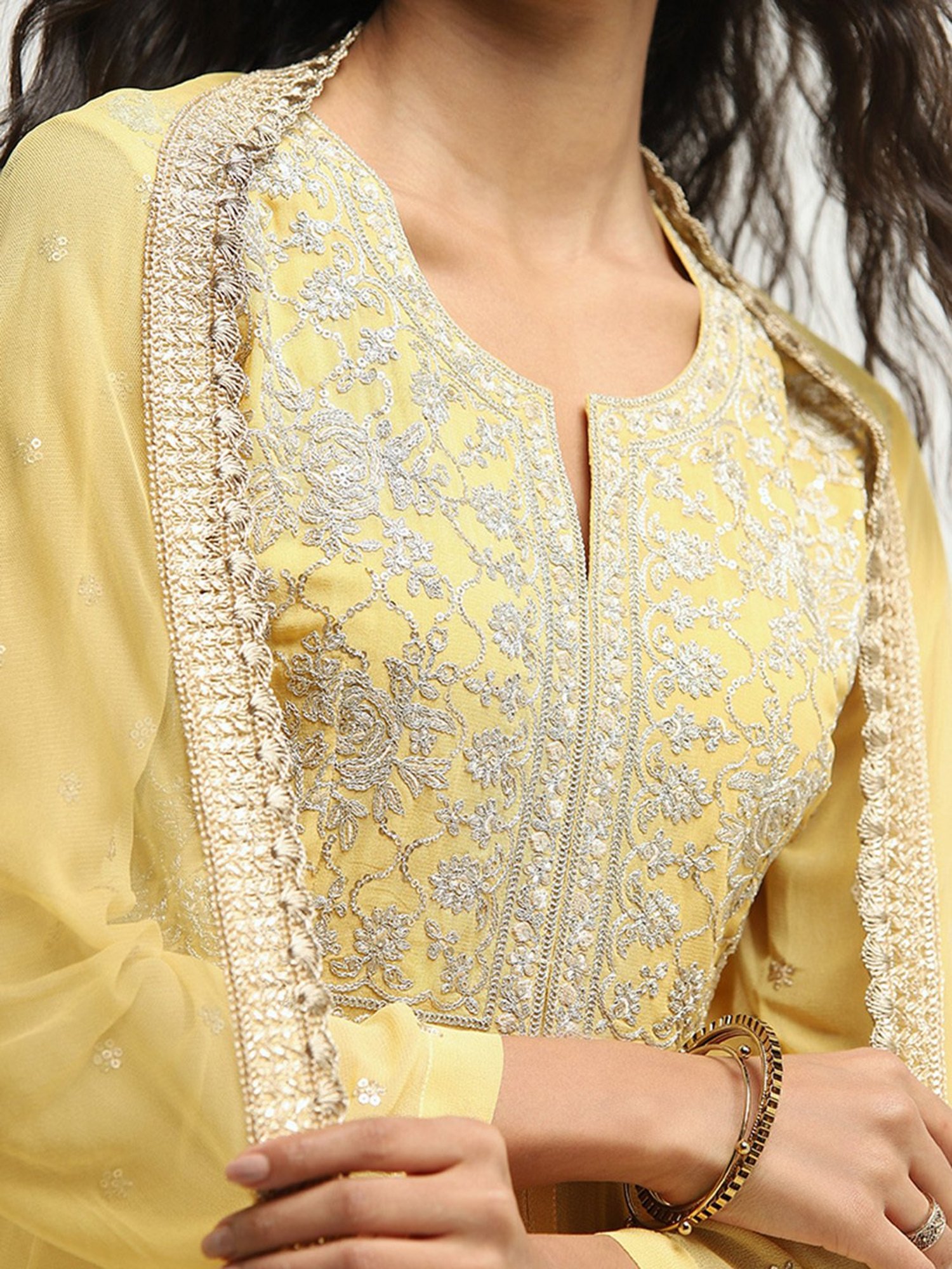 Vark by Westside Yellow Embellished Kurta, Skirt and Dupatta Set