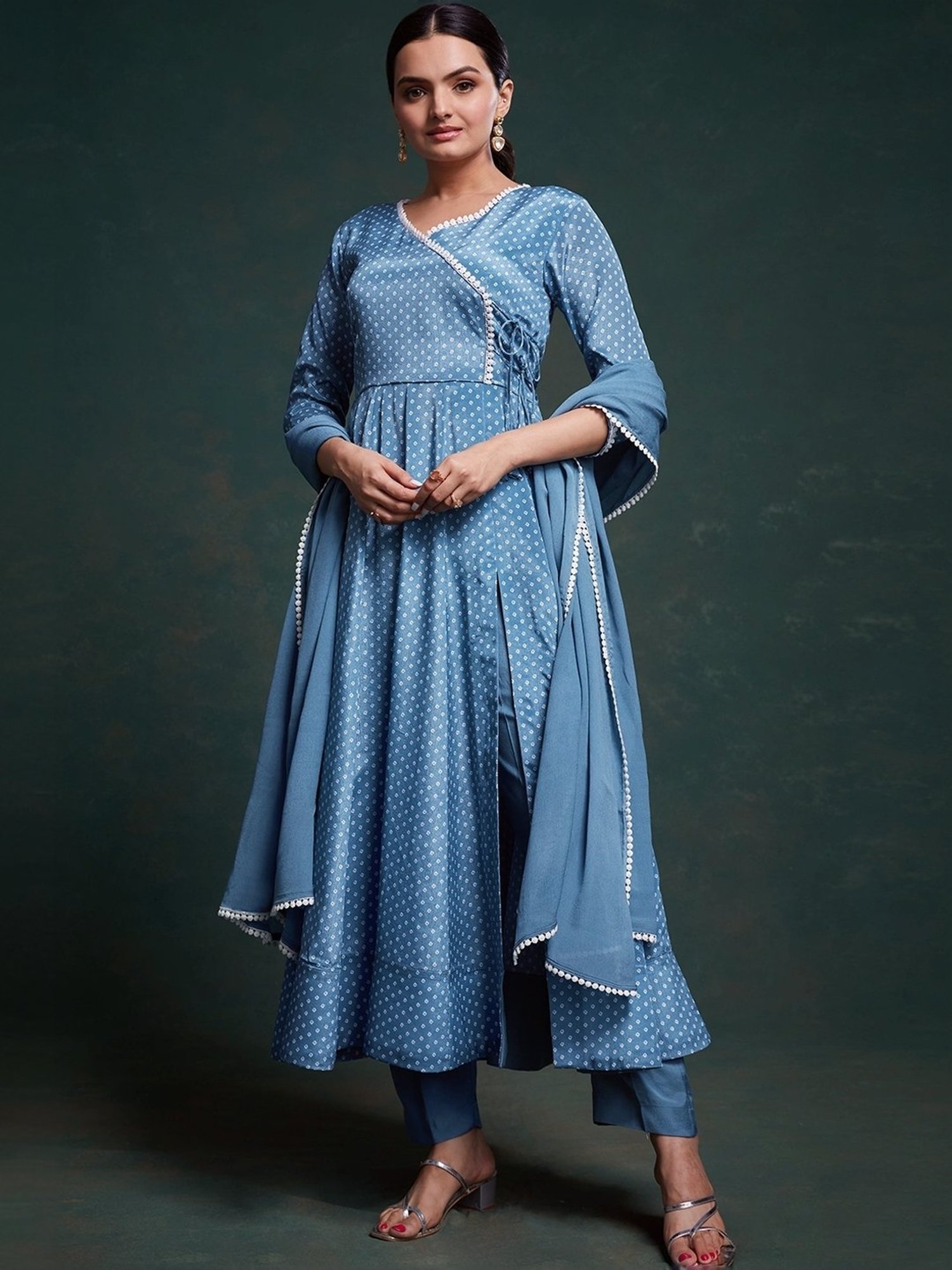 Odette Blue Printed Kurta Pant Set With Dupatta