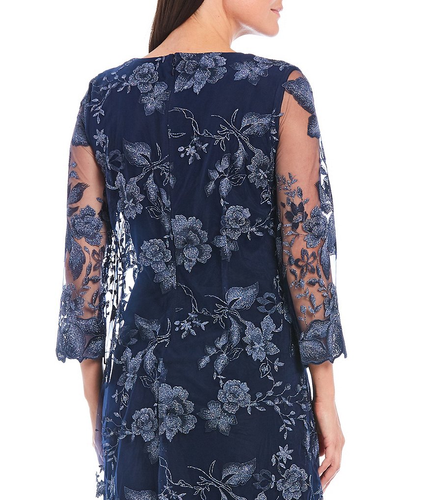 Jkara Chiffon Popover Beaded V-Neck 3/4 Capelet Sleeve Gown