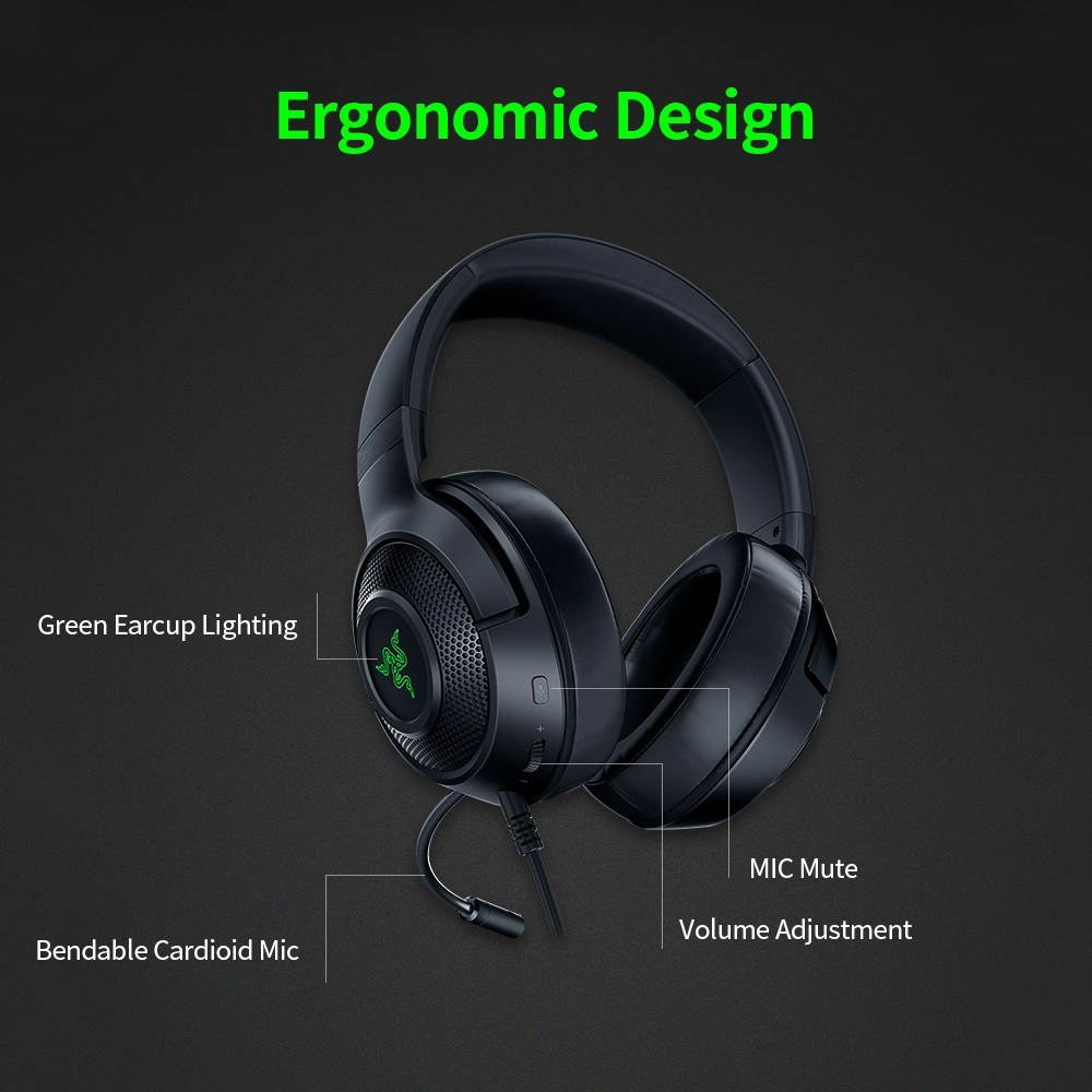 Razer Kraken X-USB Gaming Headset Earphone 7.1 Surround Sound Ultra Light Headphone Bendable Cardioid Microphone Custom-Tuned 40mm Drivers