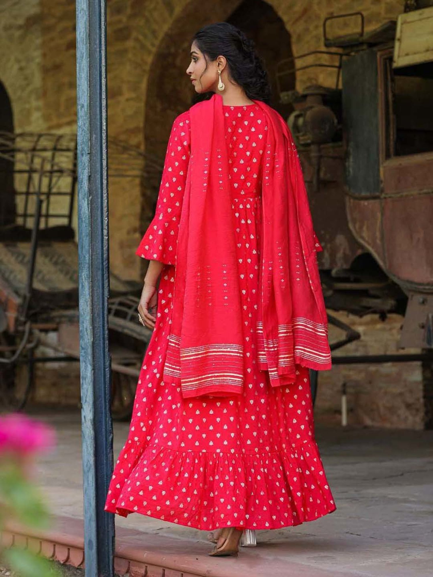 SCAKHI Red Cotton Embellished A-Line Dress With Dupatta