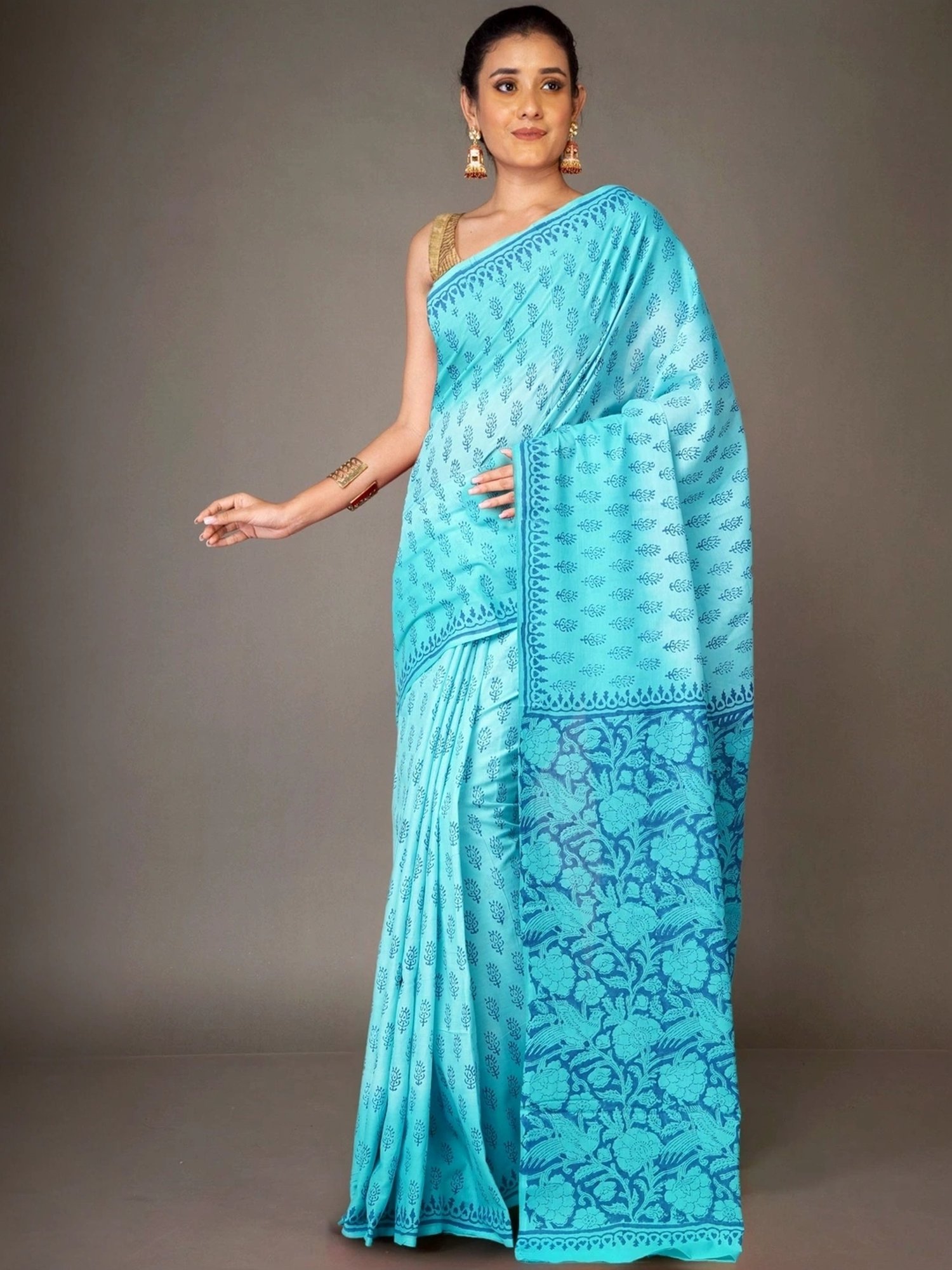 Unnati Silks Blue Cotton Printed Saree With Unstitched Blouse