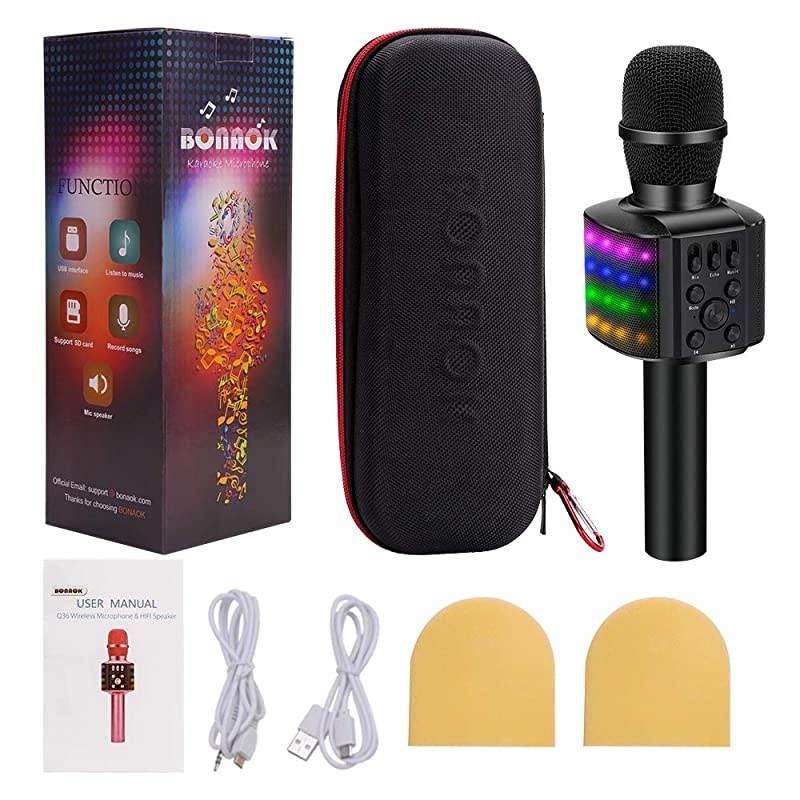 Wireless Bluetooth Karaoke Microphone with controllable LED Lights, 4 in 1 Portable Karaoke Machine Mic Speaker Birthday Home Party for All Smartphones PC(Q36 Black)