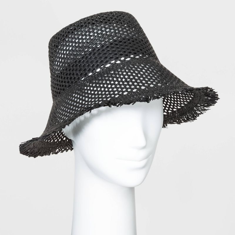 Women's Open Weave Straw Bucket Hats - Universal Thread™ Black One Size