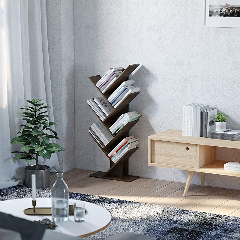 Tree Bookshelf, Bookcase, Bamboo Book Rack, Storage Shelves in Living Room, Free-Standing Books Holder Organizer, Space Saver for Home, Office, Kid's Room Retro Brown