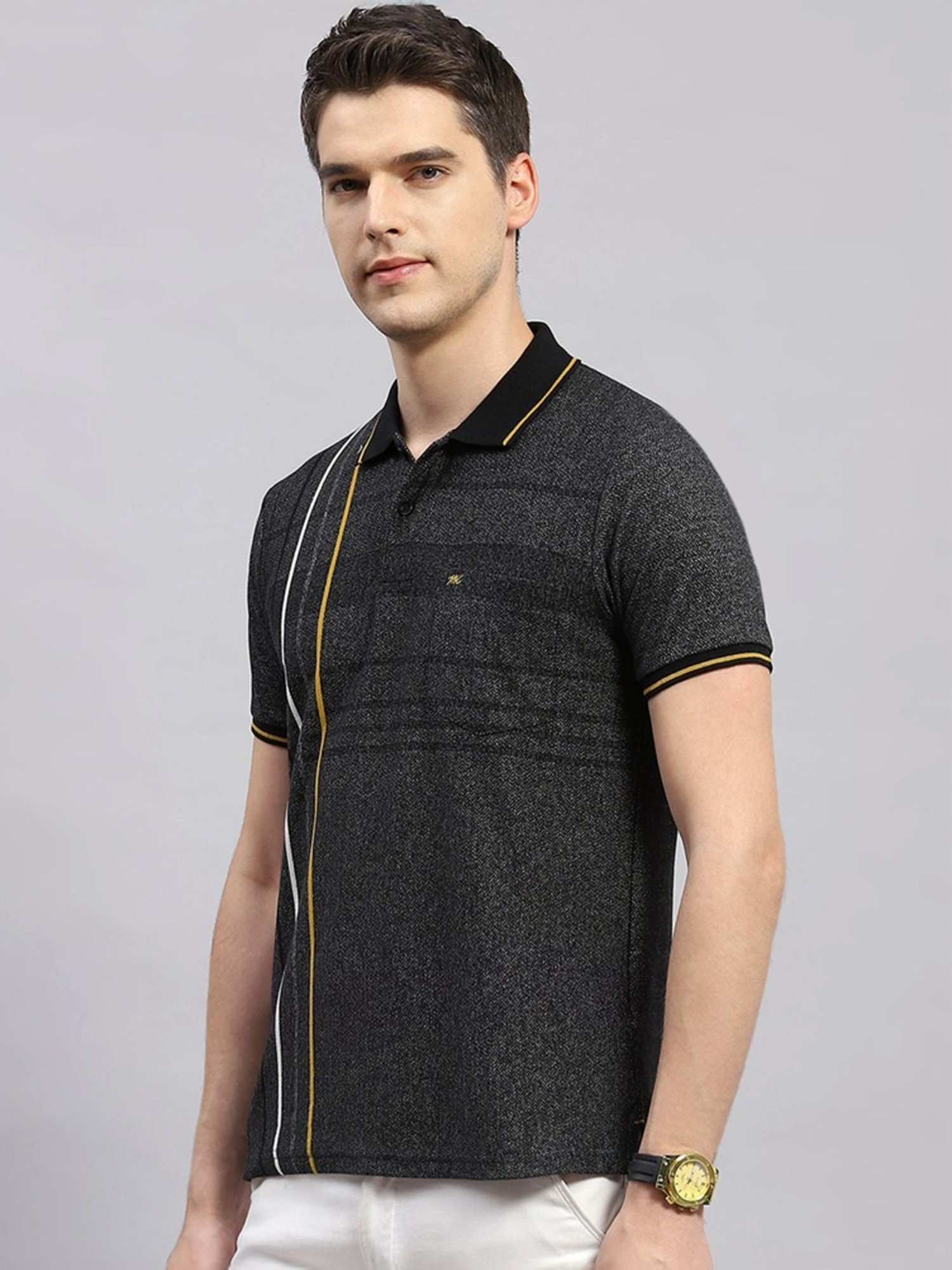 Monte Carlo Black Regular Fit Striped Polo T-Shirt