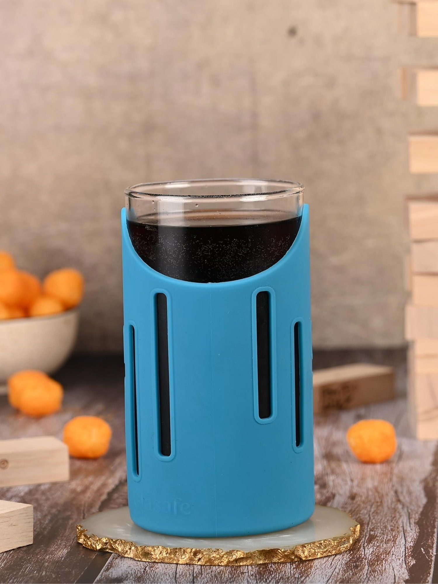 Glasafe Tranquil Teal Borosilicate Bottle with 4 Drinking Glasses