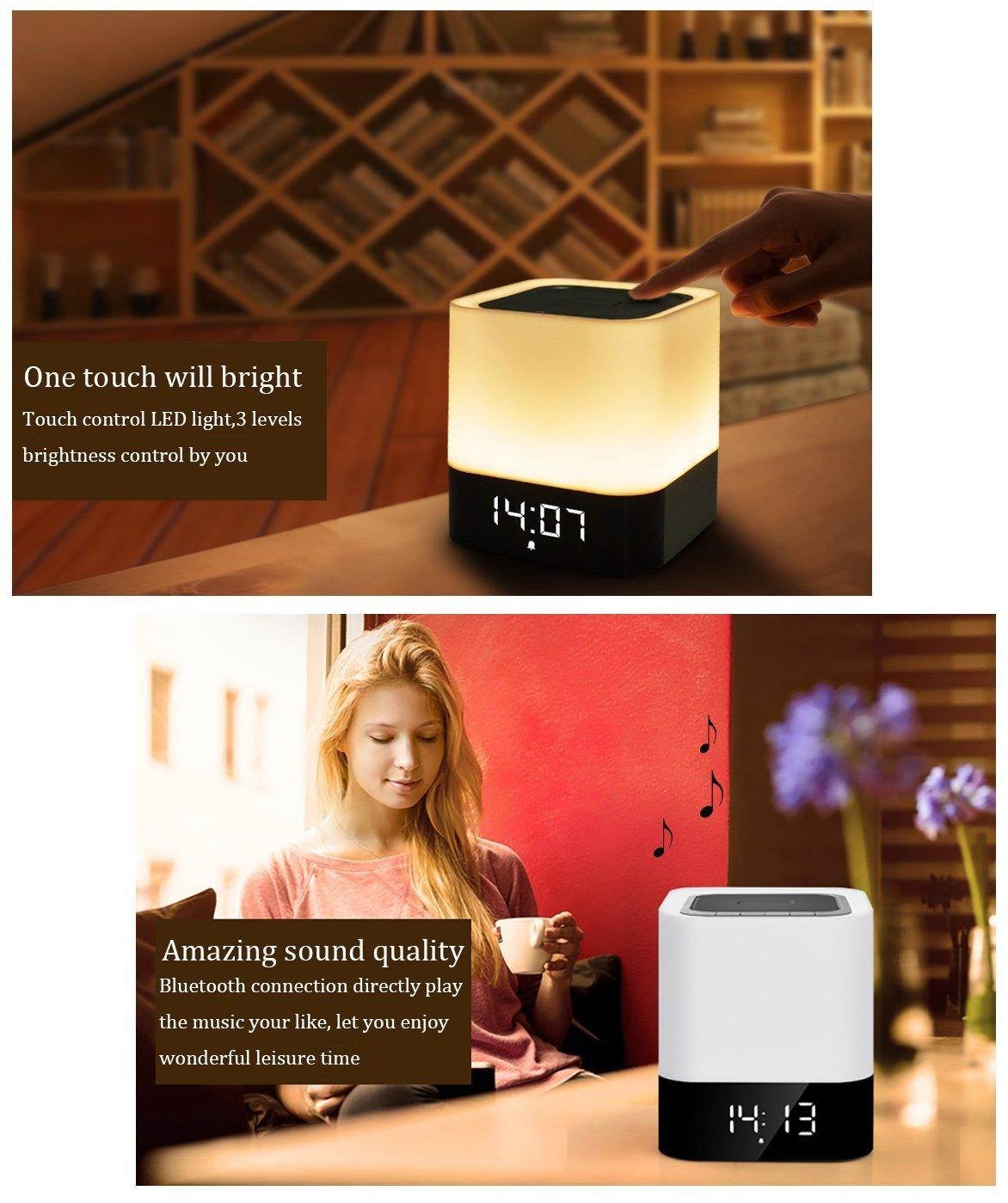 Alarm Clock Bluetooth Speaker,Night Light Bluetooth Speaker,Color Changing Speaker,Touch Sensor Bedside Lamp Dimmable Warm Light,Night Light Wireless Speaker,Ideal for Kids,Party,Bedroom,Camping