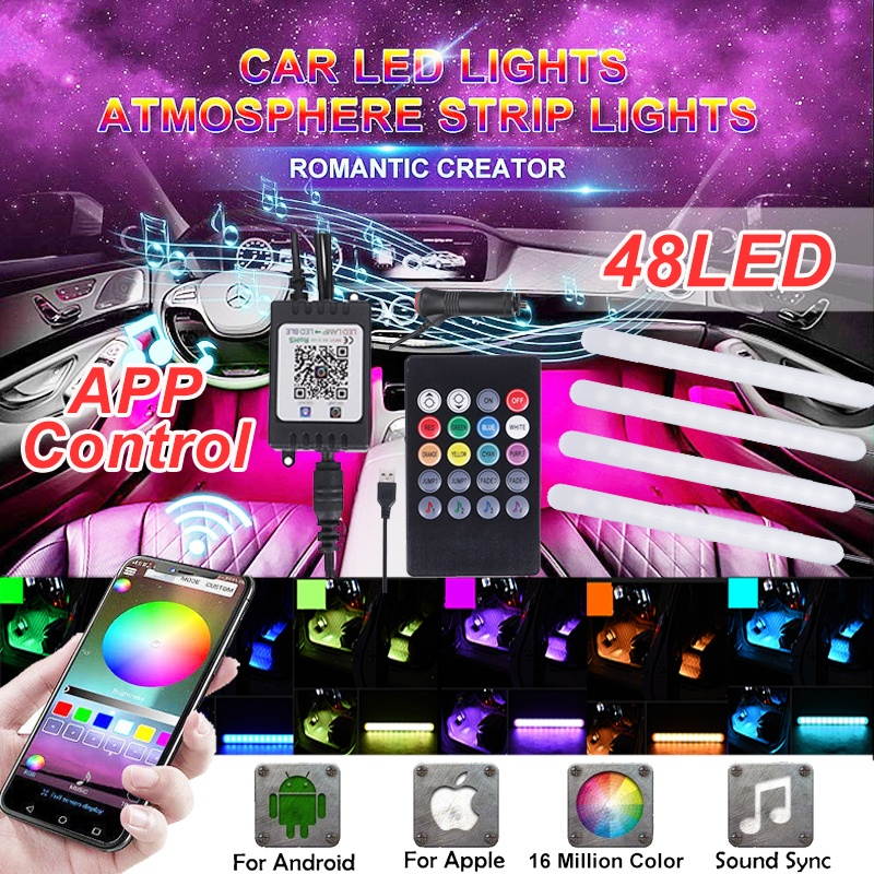 Smart APP LED Car Interior Rigid Light USB RGB Floor Decor Atmosphere Neon Lamp + Remote Control