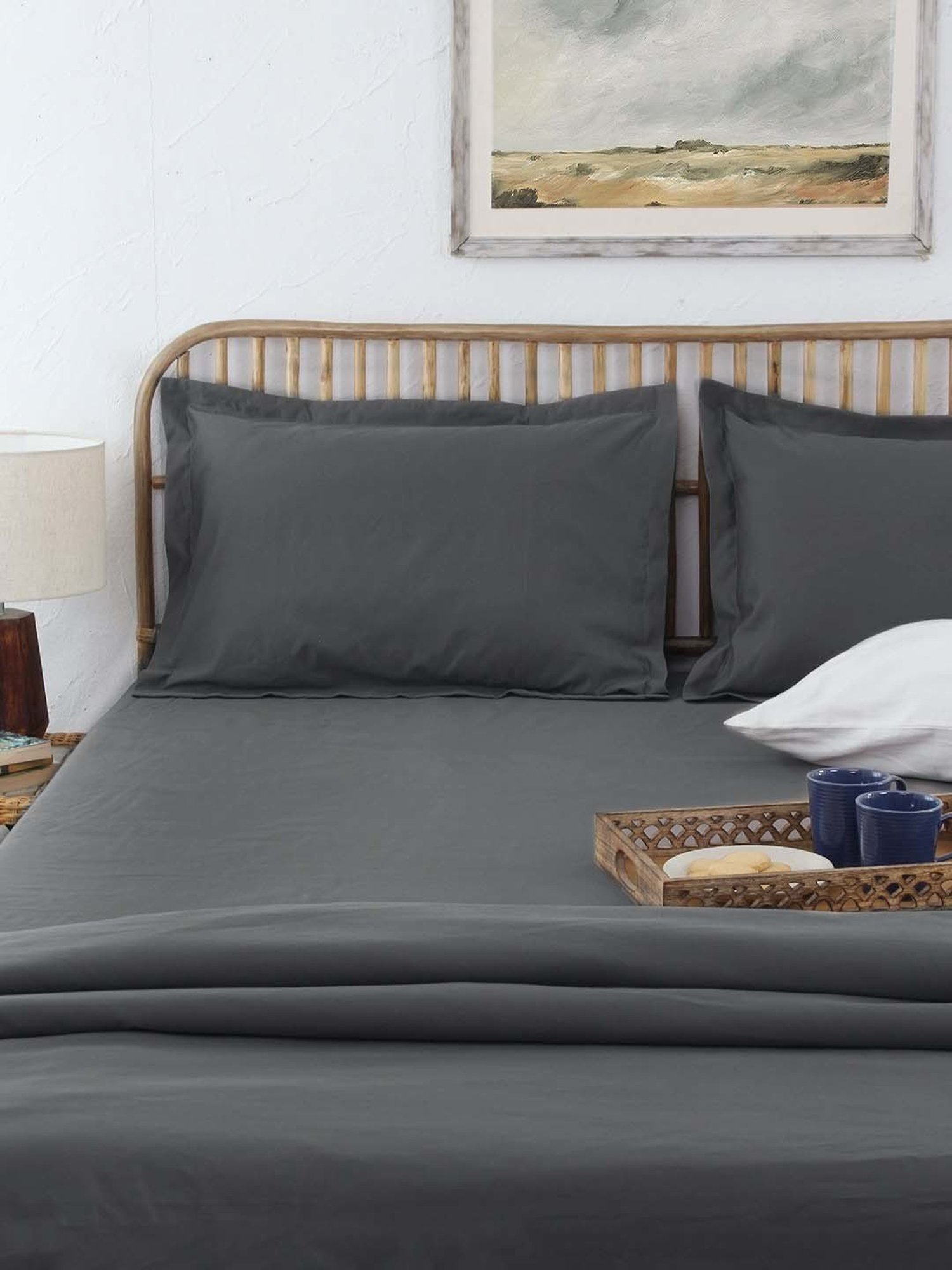House This Pepper Black 150 TC Cotton Fitted Bedsheet with 2 Pillow Covers