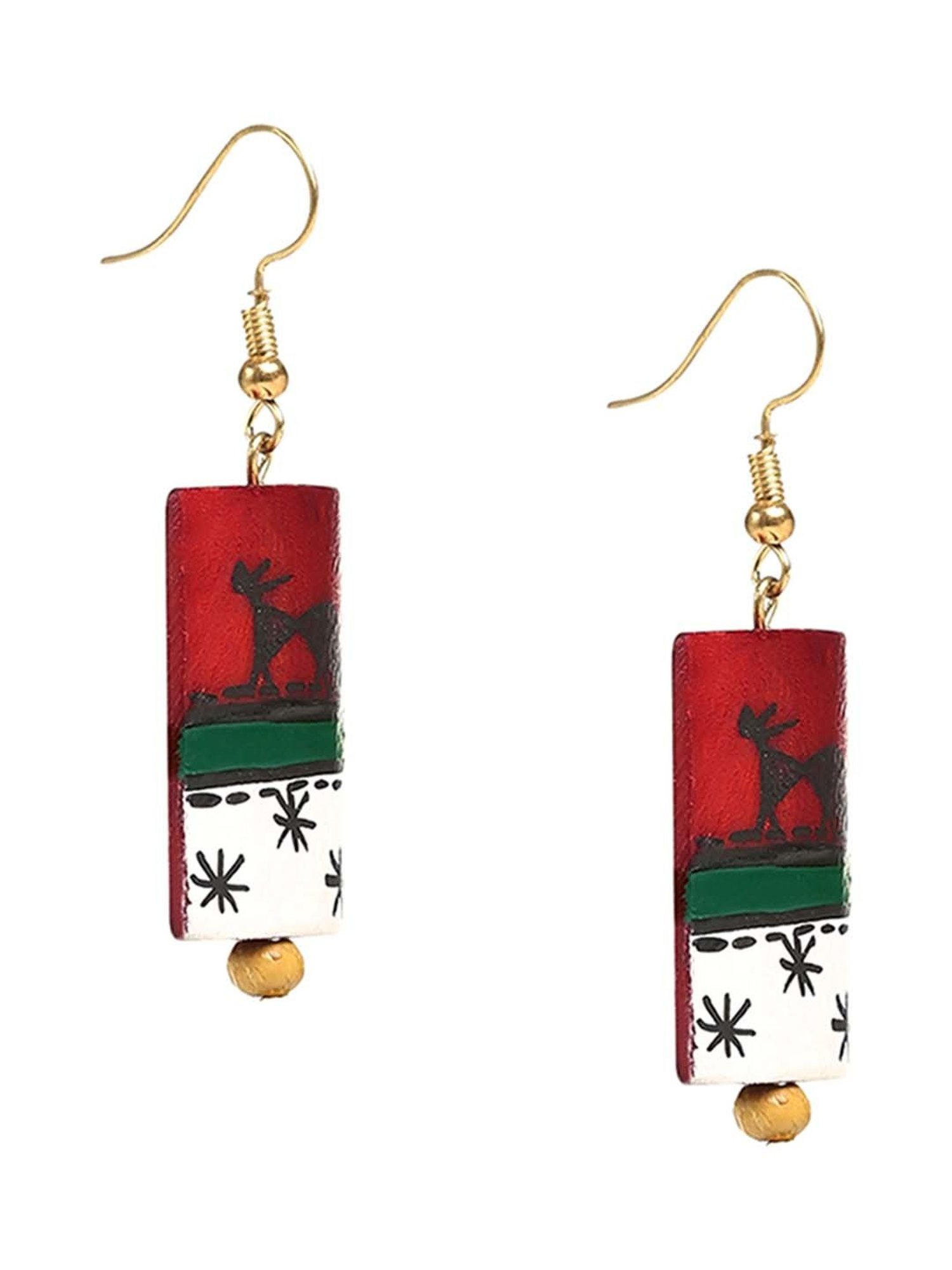 ExclusiveLane 'Tribal Warli Rectangles' Red & White Resin Handpainted Earrings in Warli Art
