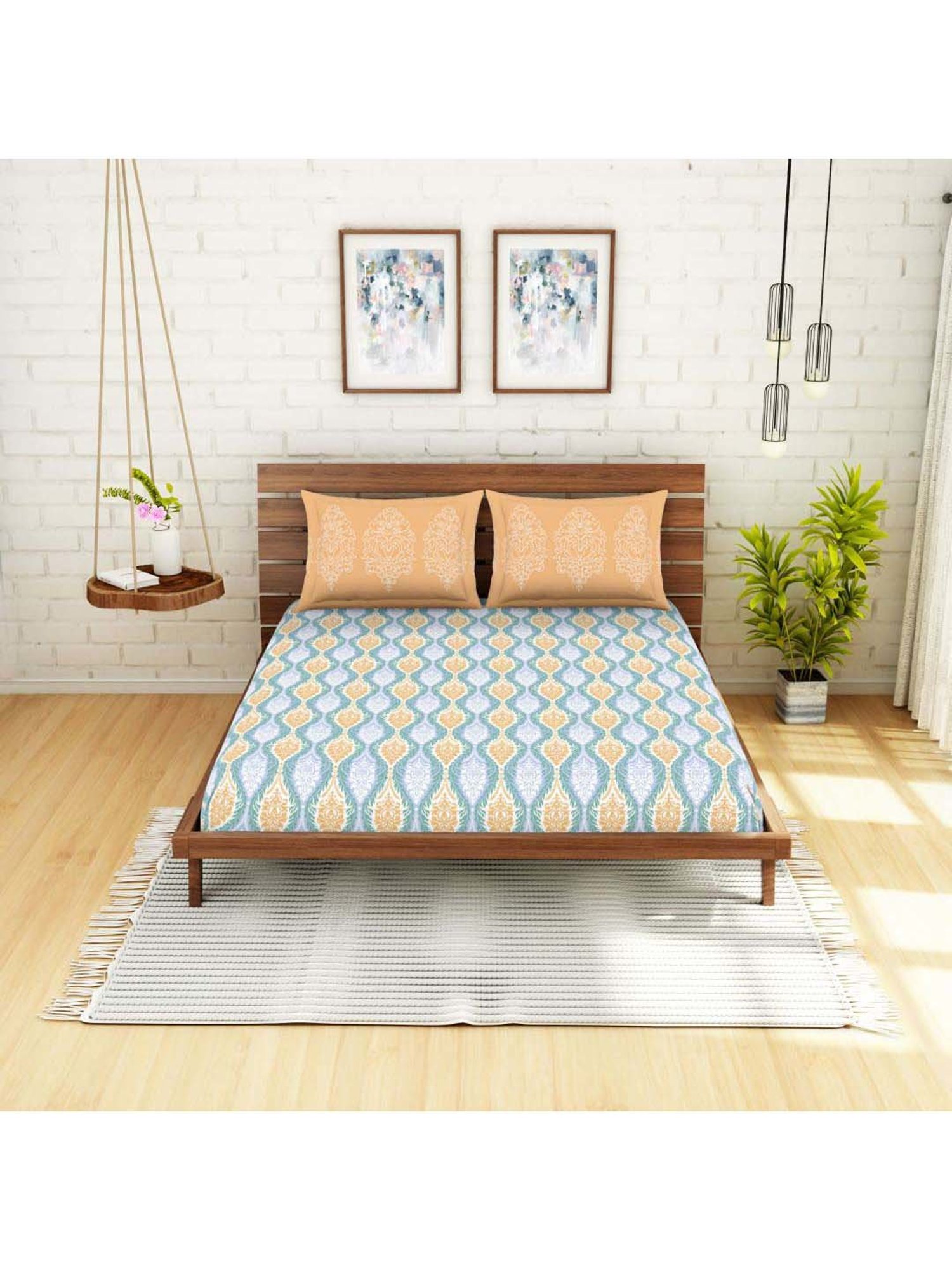 Spaces Atrium Plus Blue & Peach Cotton 210 TC Bed Sheet Set