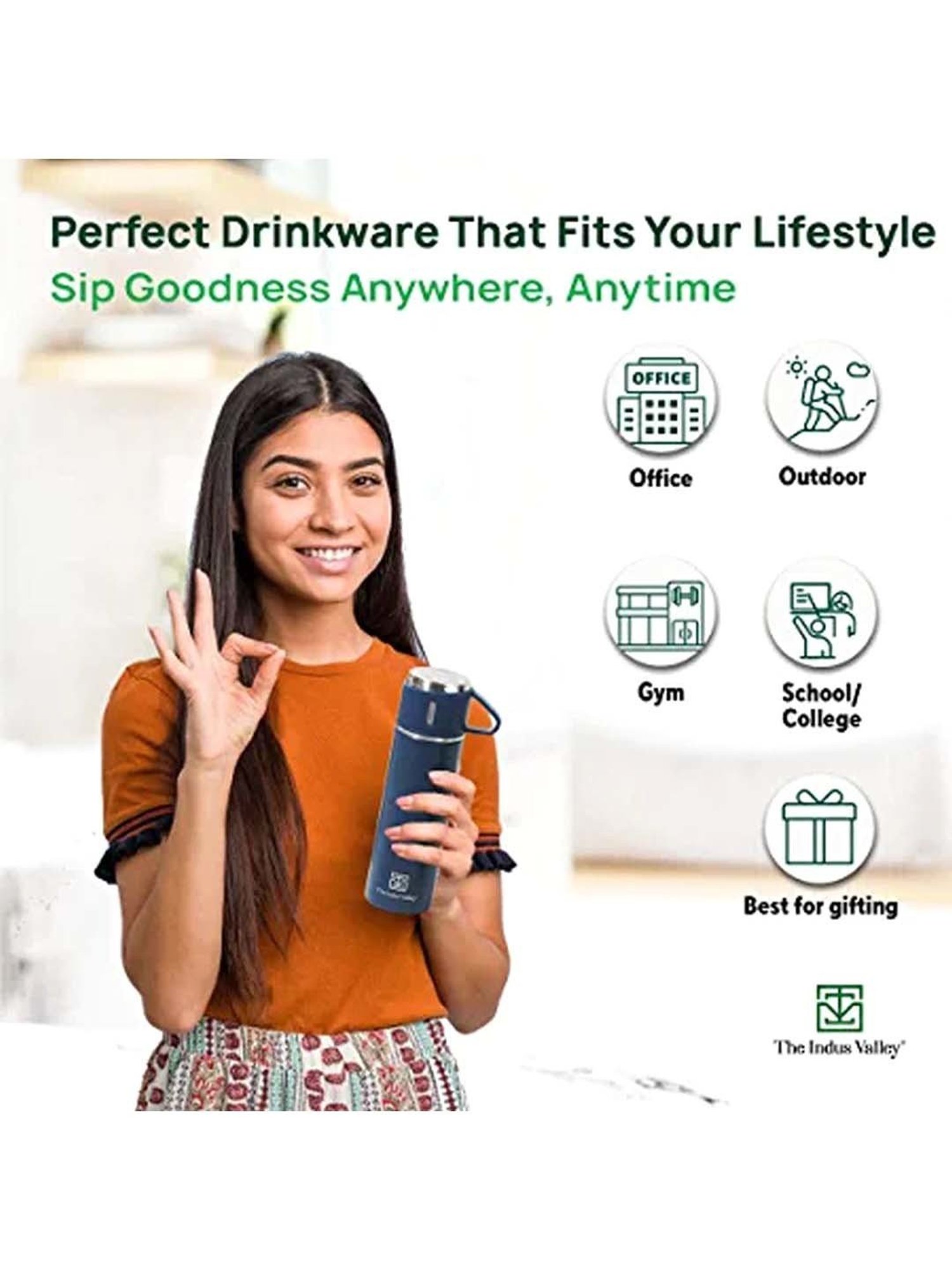 The Indus Valley Silver Stainless Steel Vaccum Insulated Flask With Drinking Mug (0.5 L)