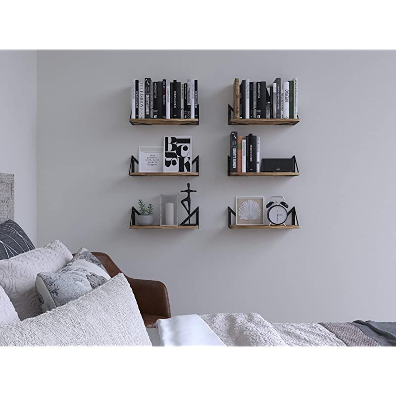 Minori Floating Shelves Set of 3 Small Bookshelf Unit for Living Room Office and Bedroom Natural Burned Rustic Wood Wall Decor with Metal Floating Shelf Bracket