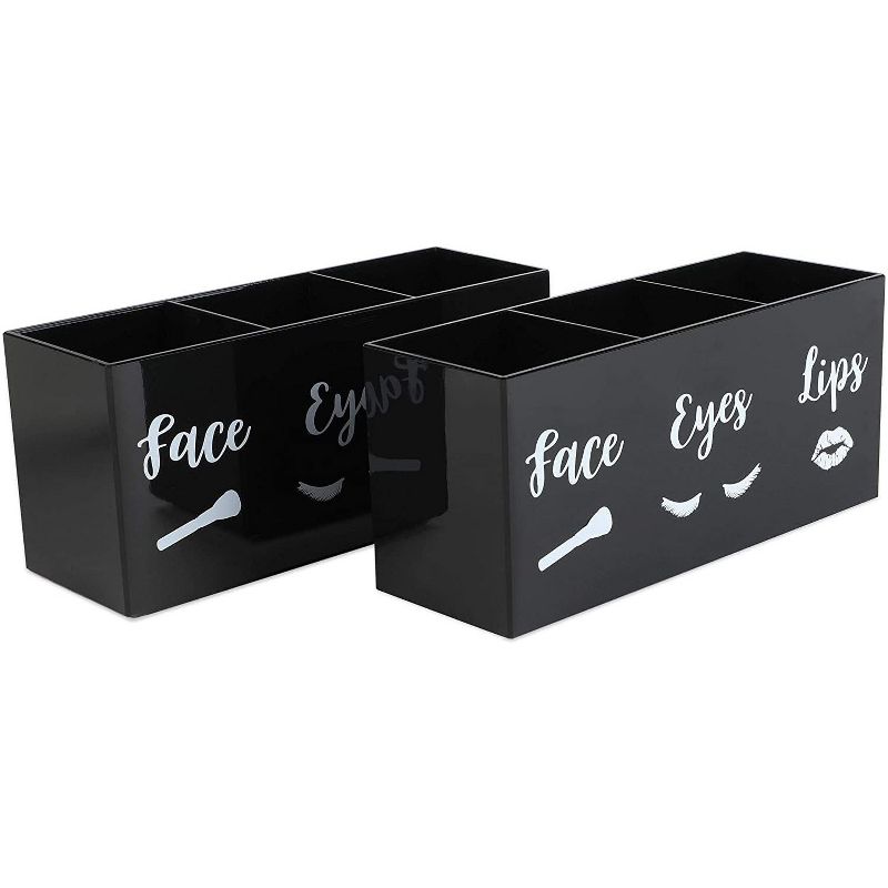 Glamlily 2 Pack 3 Slot Black Acrylic Makeup Brush Holders, Face Eyes Lips (7.9 x 3.75 x 2.8 in)