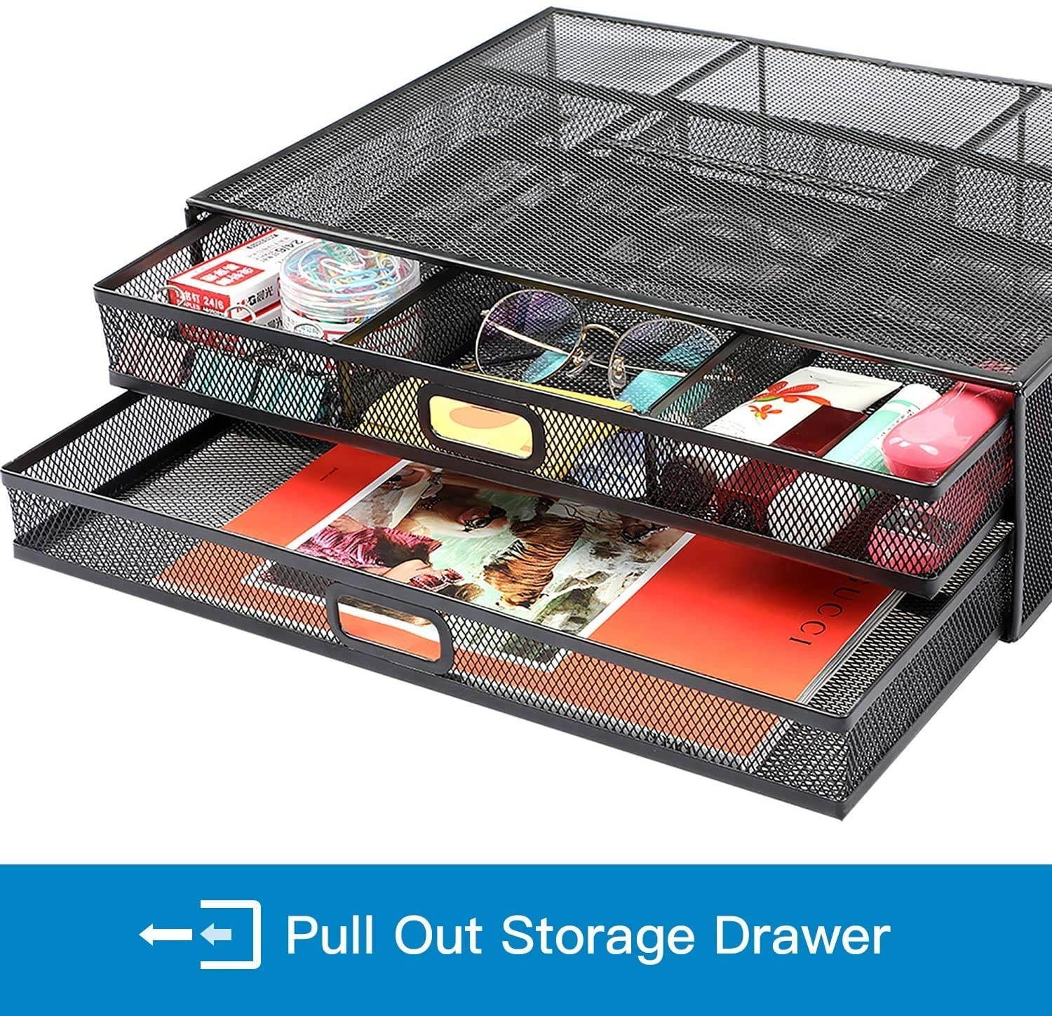 Monitor Stand Riser with Drawer - Mesh Metal Desk Organizer PC Laptop Notebook Printer Holder with Pull Out Storage Drawer