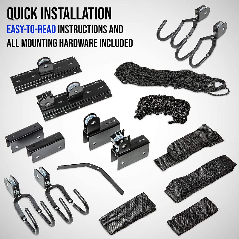 RaxGo Ceiling Garage Storage Hoist System | Pack of 2 Overhead Rack Lifts for Hanging Kayaks, Bicycles, Tools & Other Large Items | Heavy-Duty Bracket Pulley, Ropes & Hardware | Total 121 Lb. Capacity