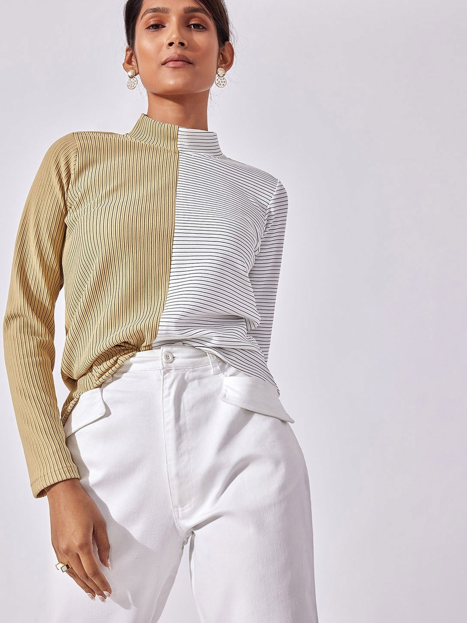 The Label Life White & Beige Striped Top