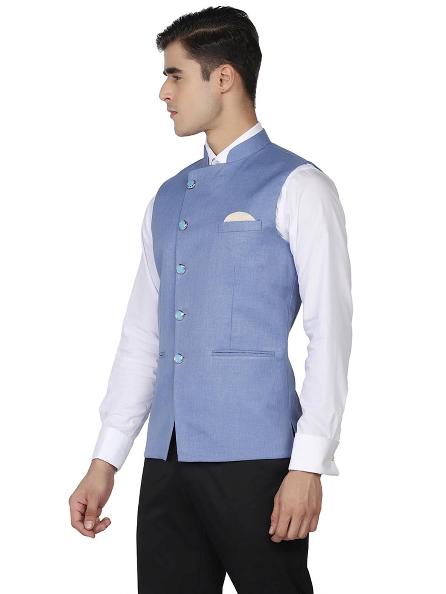 TAHVO Blue Satin Slim Fit Nehru Jacket