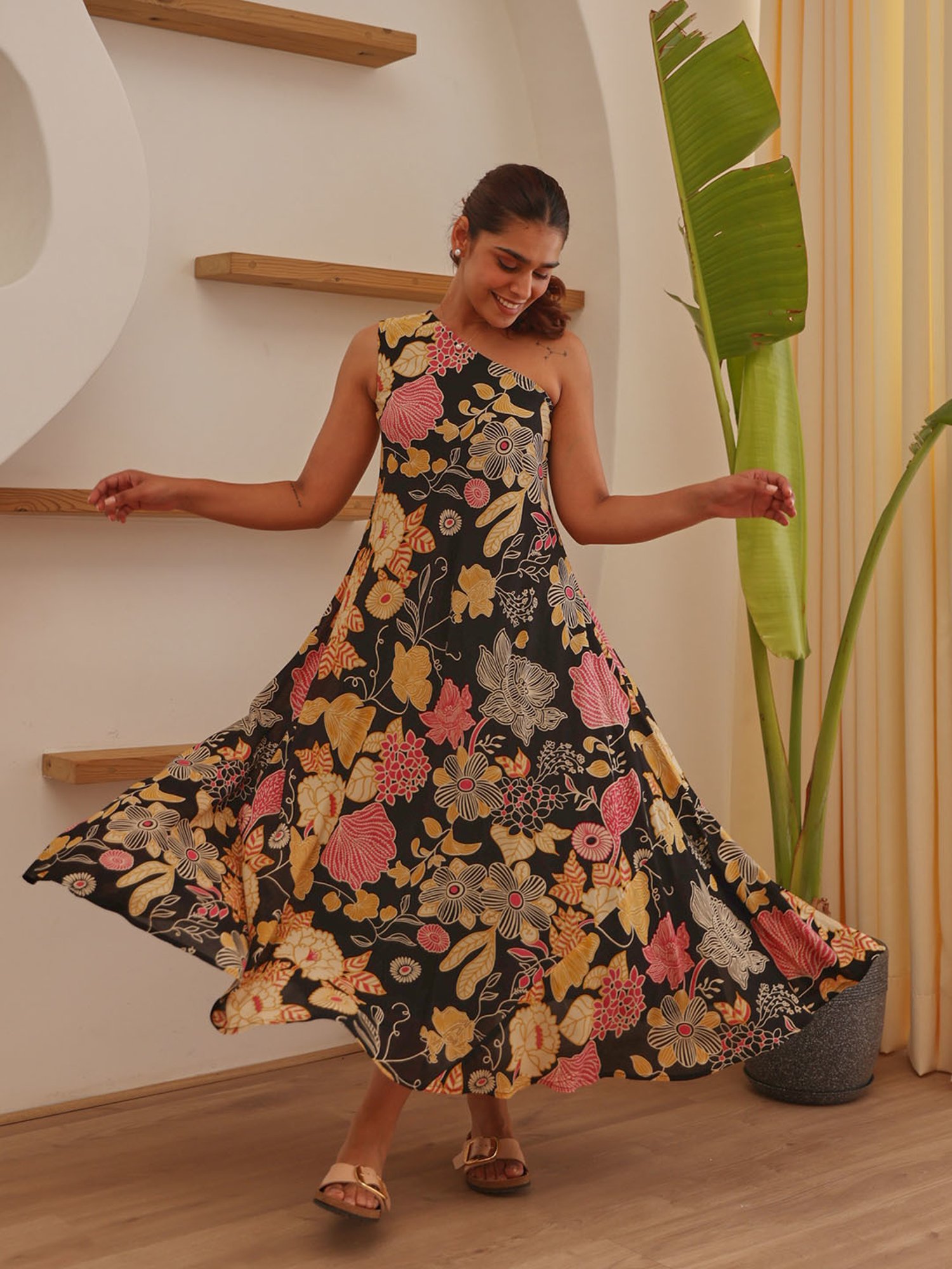 Saffron Threads Black Cotton Floral Print Ethnic Dress