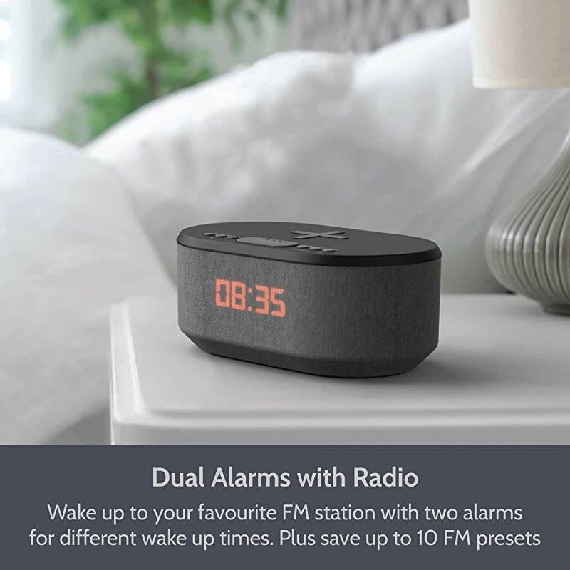 Radio Alarm Clock with USB Charger, Bluetooth Speaker, QI Wireless Charging, Dual Alarm Dimmable LED Display