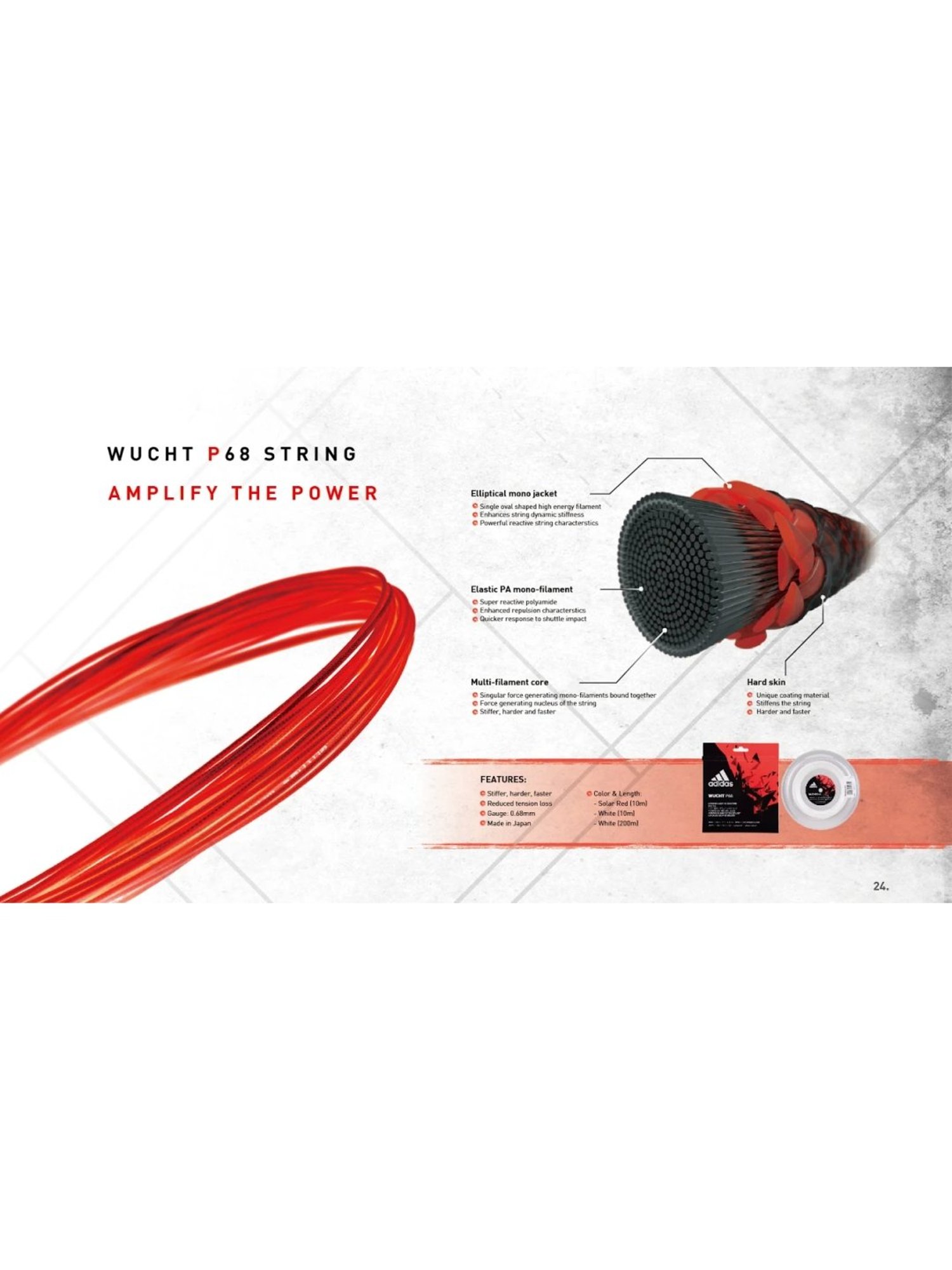 Adidas Wucht P68 Red Badminton Racquet Strings (0.68 gauze)