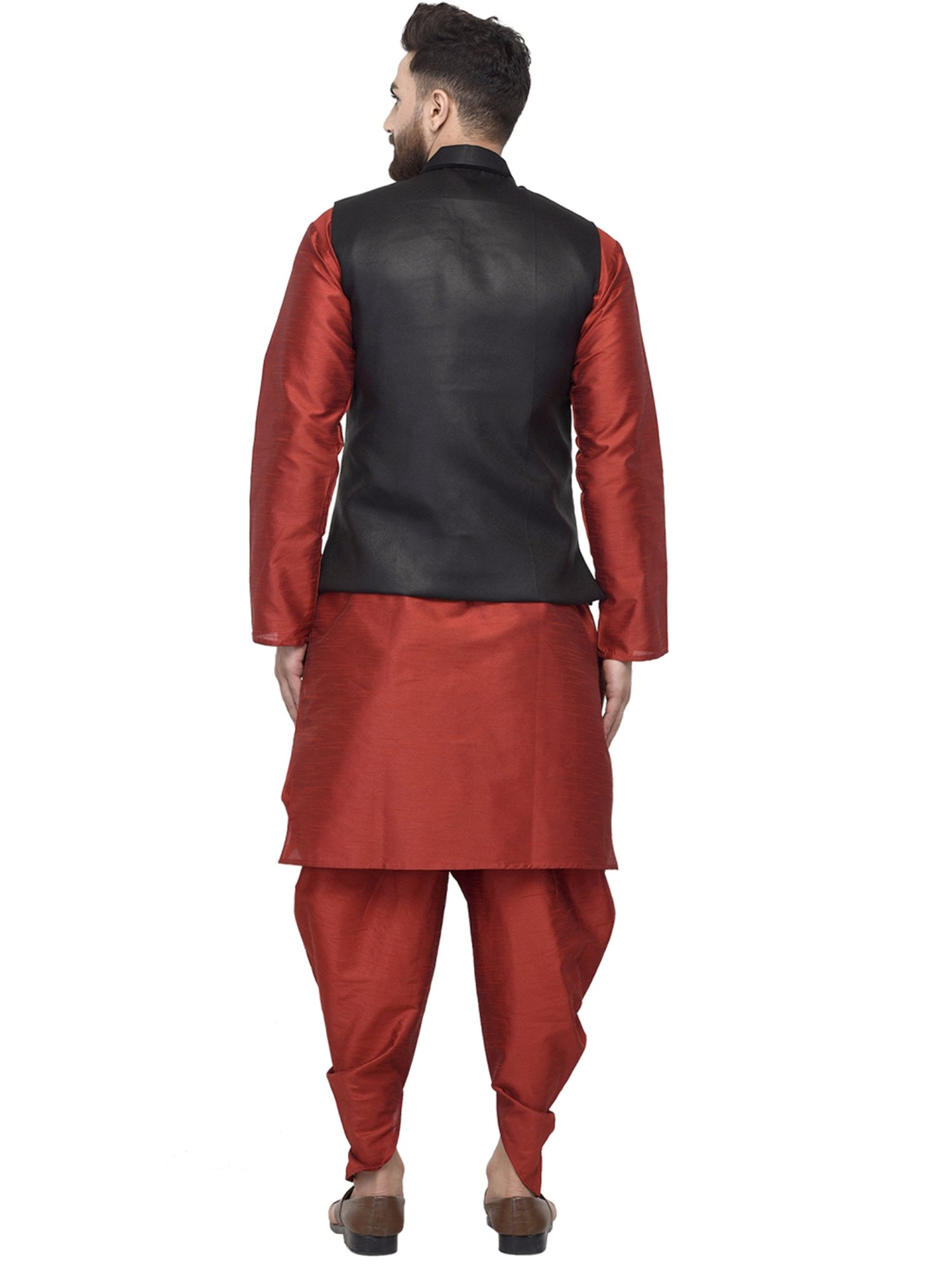 Benstoke Maroon & Black Regular Fit Kurta Set With Jacket