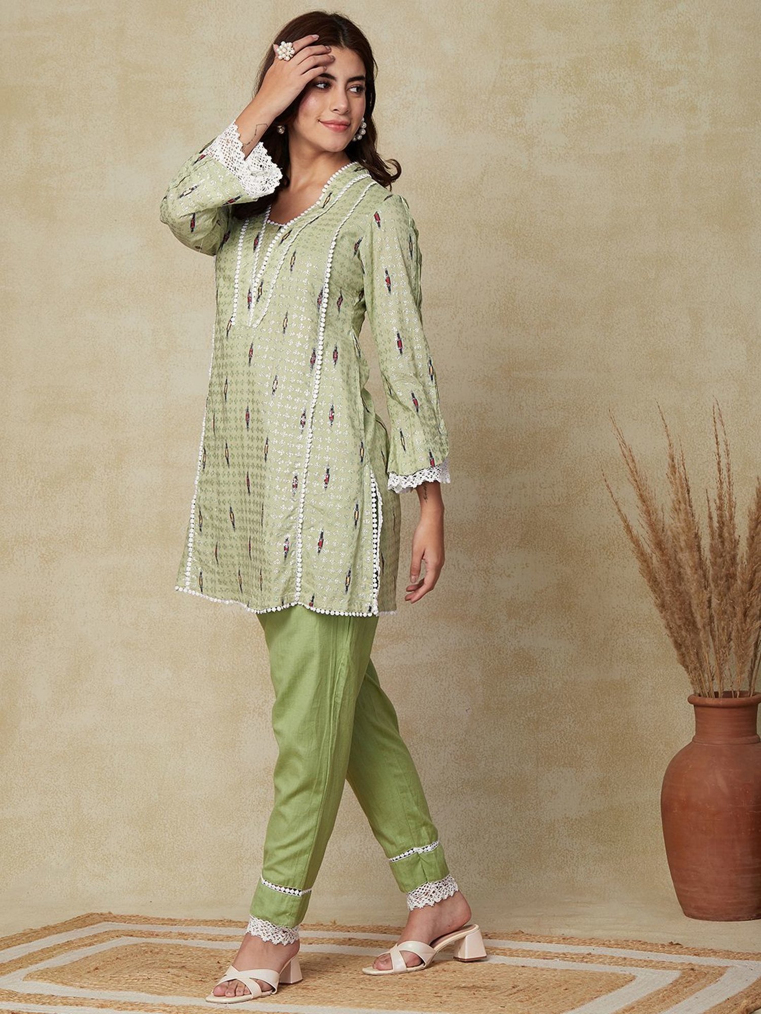 Fashor Green Cotton Printed Kurti Pant Set