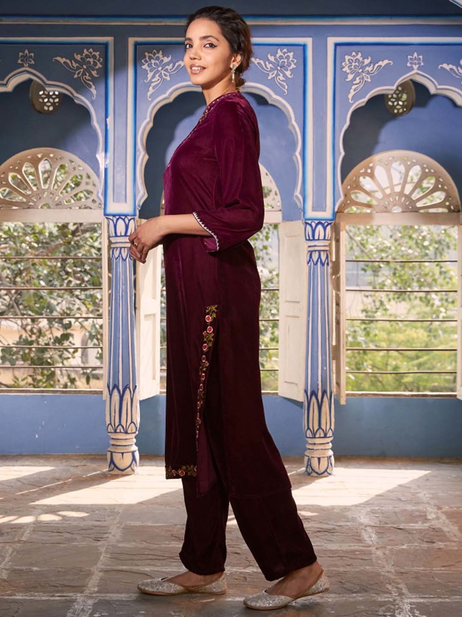 Rustorange Pink Embroidered Straight Kurta