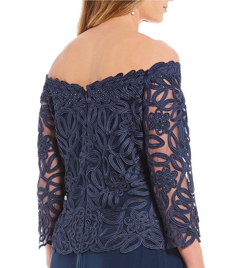 Soulmates Plus Size Off-the-Shoulder 3/4 Sleeve Beaded Bodice Lace Gown