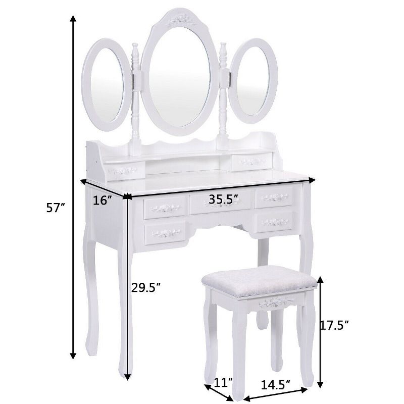 Costway White Tri Folding Oval Wood Vanity Makeup Table Set 7 Drawers