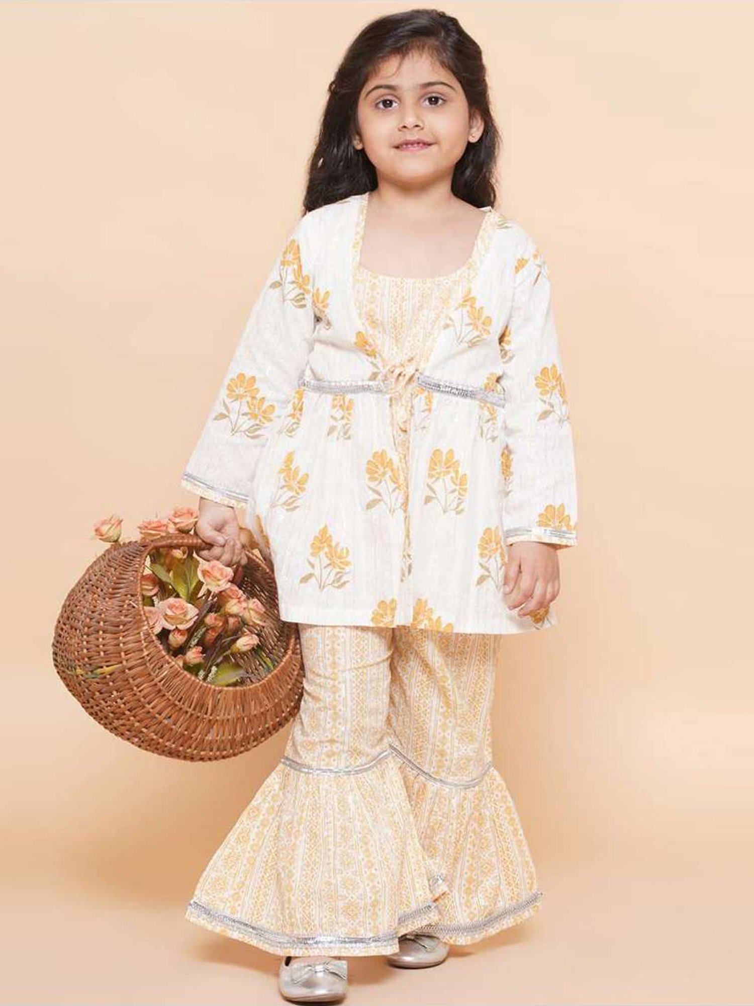 AJ Dezines Kids Yellow & White Cotton Printed Kurta Set