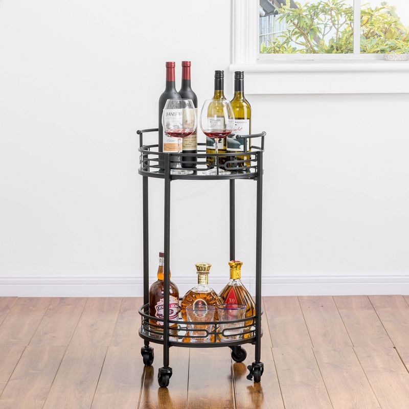 Deluxe 2 Tier Metal Round Mirrored Bar Cart Black - Glitzhome