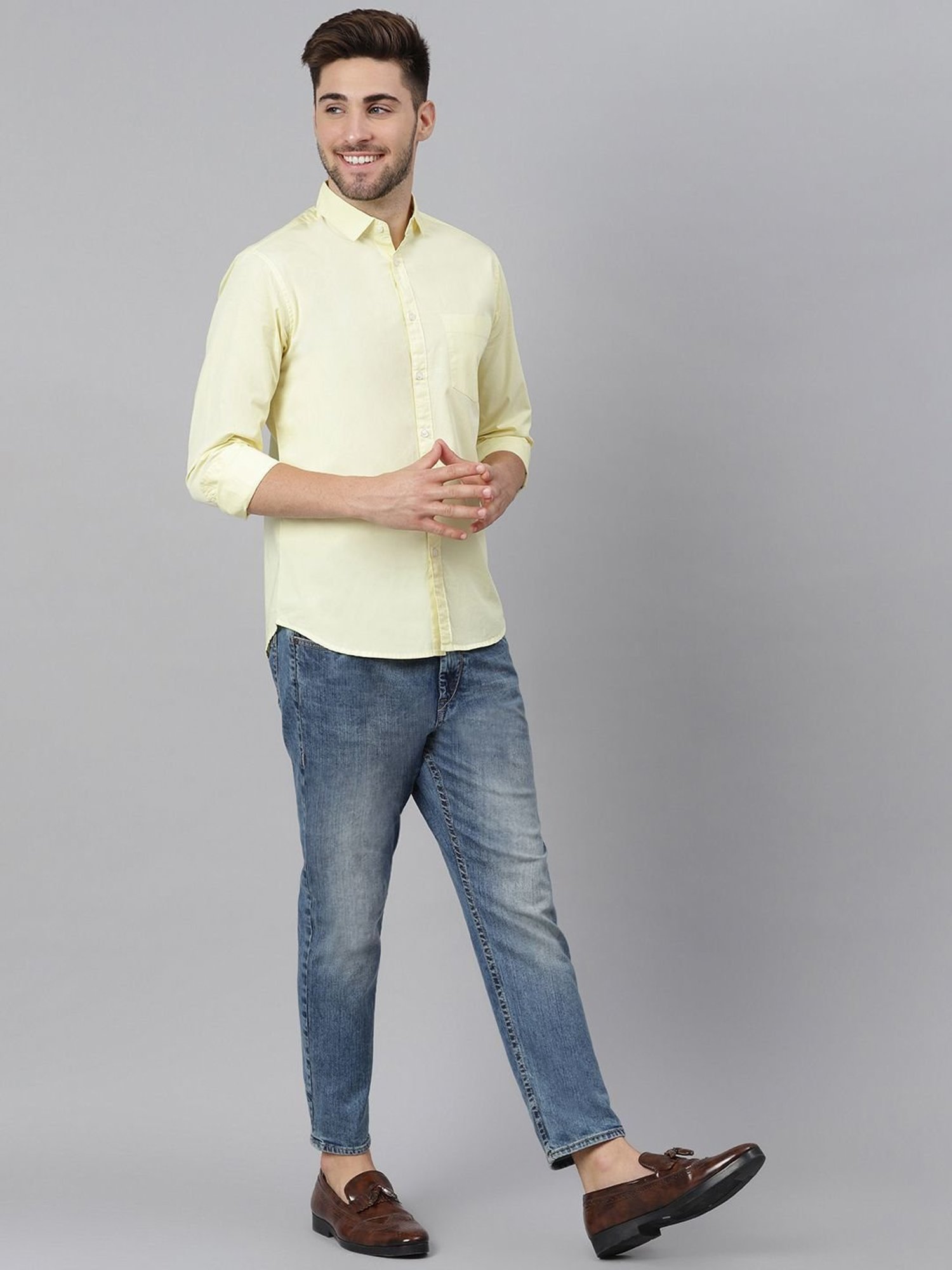 Dennis Lingo Yellow Cotton Slim Fit Shirt