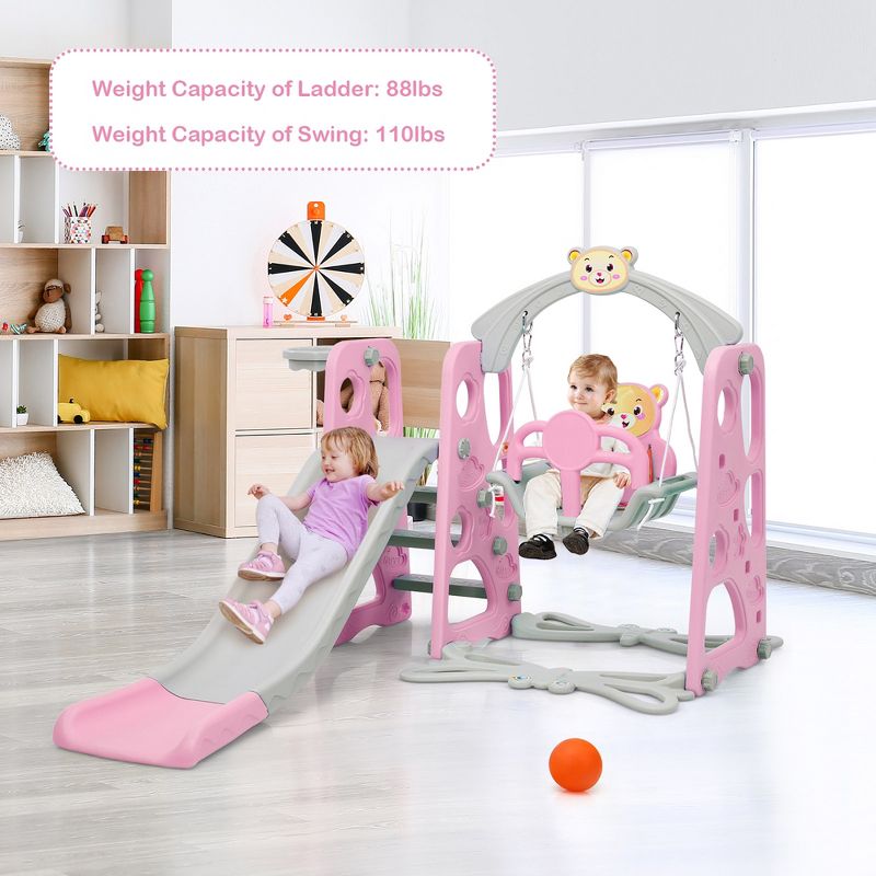 Costway 4-in-1 Toddler Climber and Swing Set w/ Basketball Hoop & Ball Pink