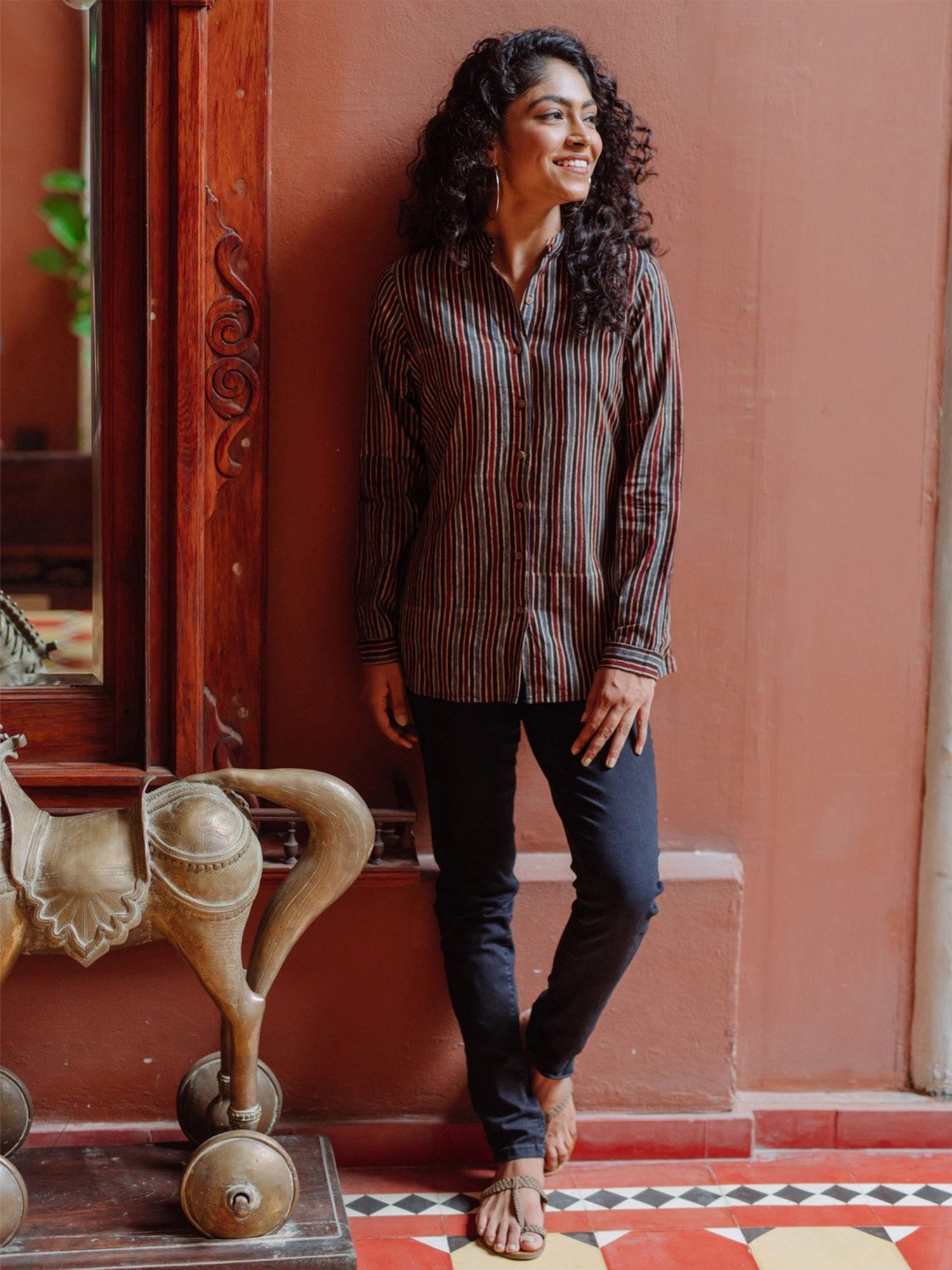 Okhai Rhythm Dark Brown & Black Pure Cotton Striped Shirt