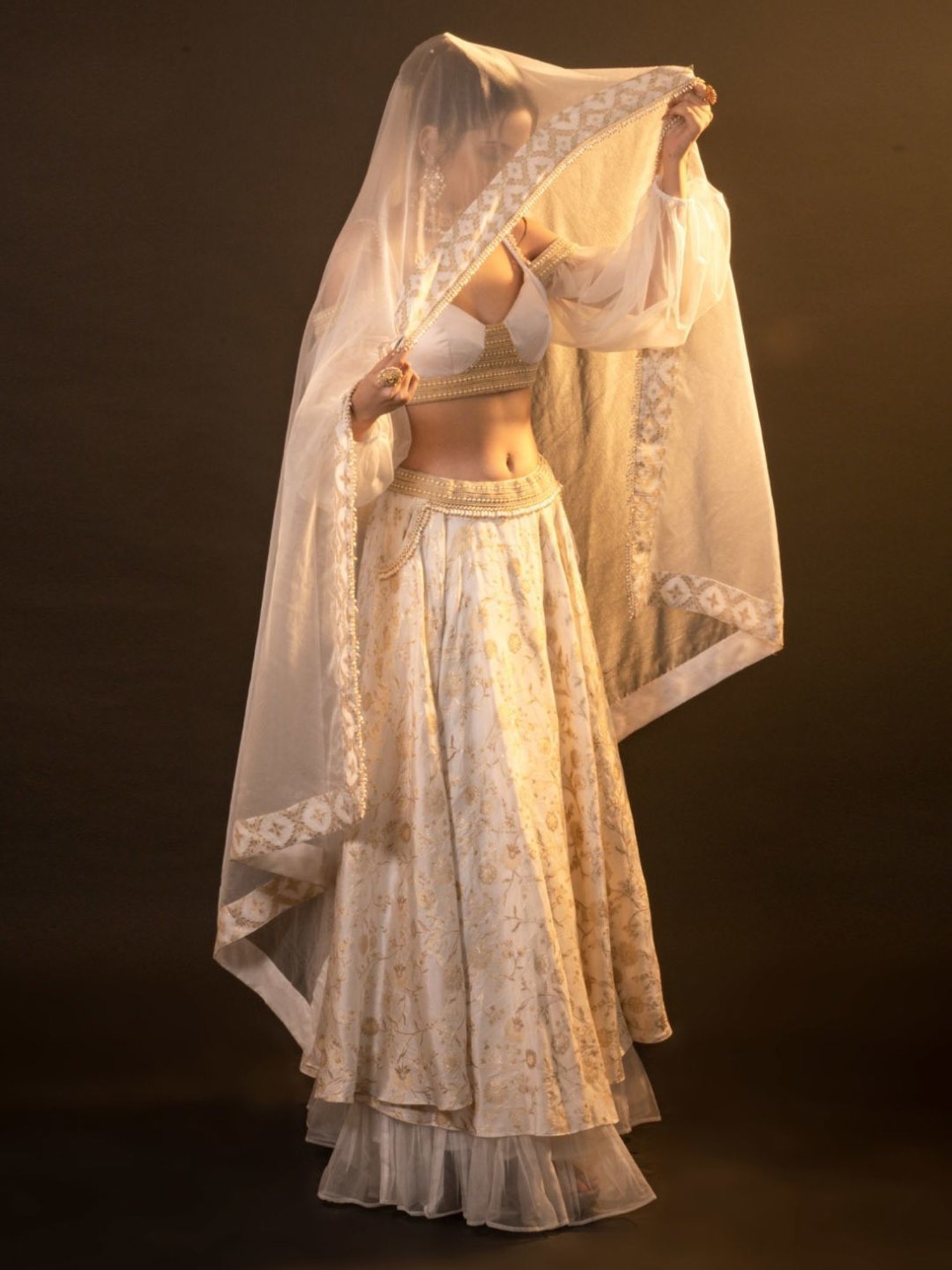Monk and Mei Soul of Swan White and Gold Diana Brocade Lehenga Set