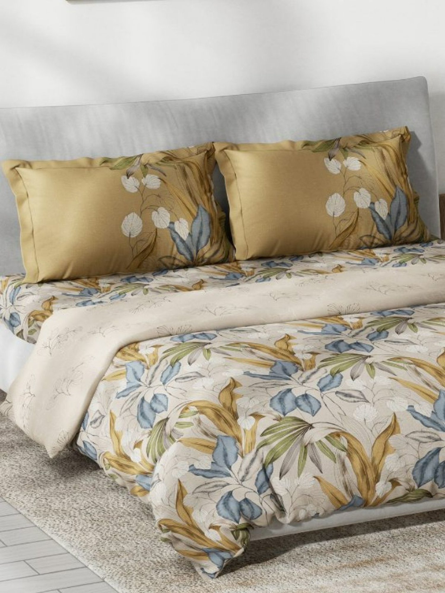 Living Roots Printed Grey 300 TC Cotton Single Diwan - Set of 8