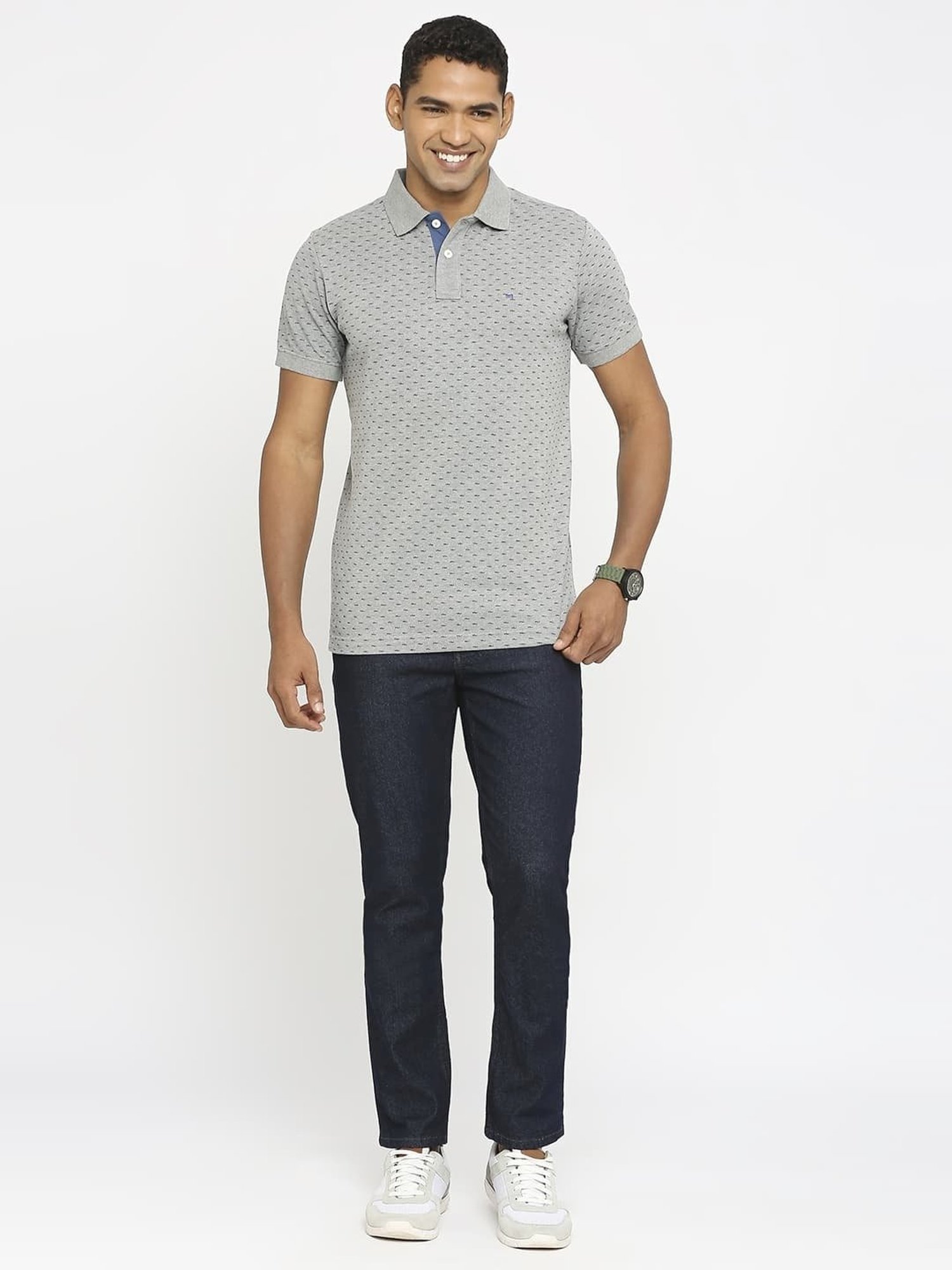 Basics Grey Cotton Muscle Fit Printed Polo T-Shirt