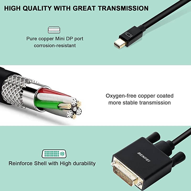 Mini DisplayPort to DVI Cable  Mini DisplayPort to DVI 6 Feet Cable Thunderbolt 2 Compatible with MacBook AirPro Surface ProDock Monitor Projector