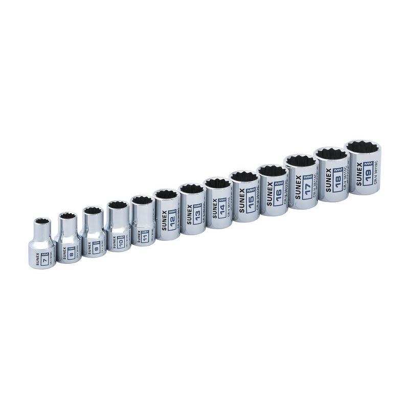 Sunex 38101C 13 Pc 3/8 in. Drive Standard Socket Set - MM 12 Pt Rail