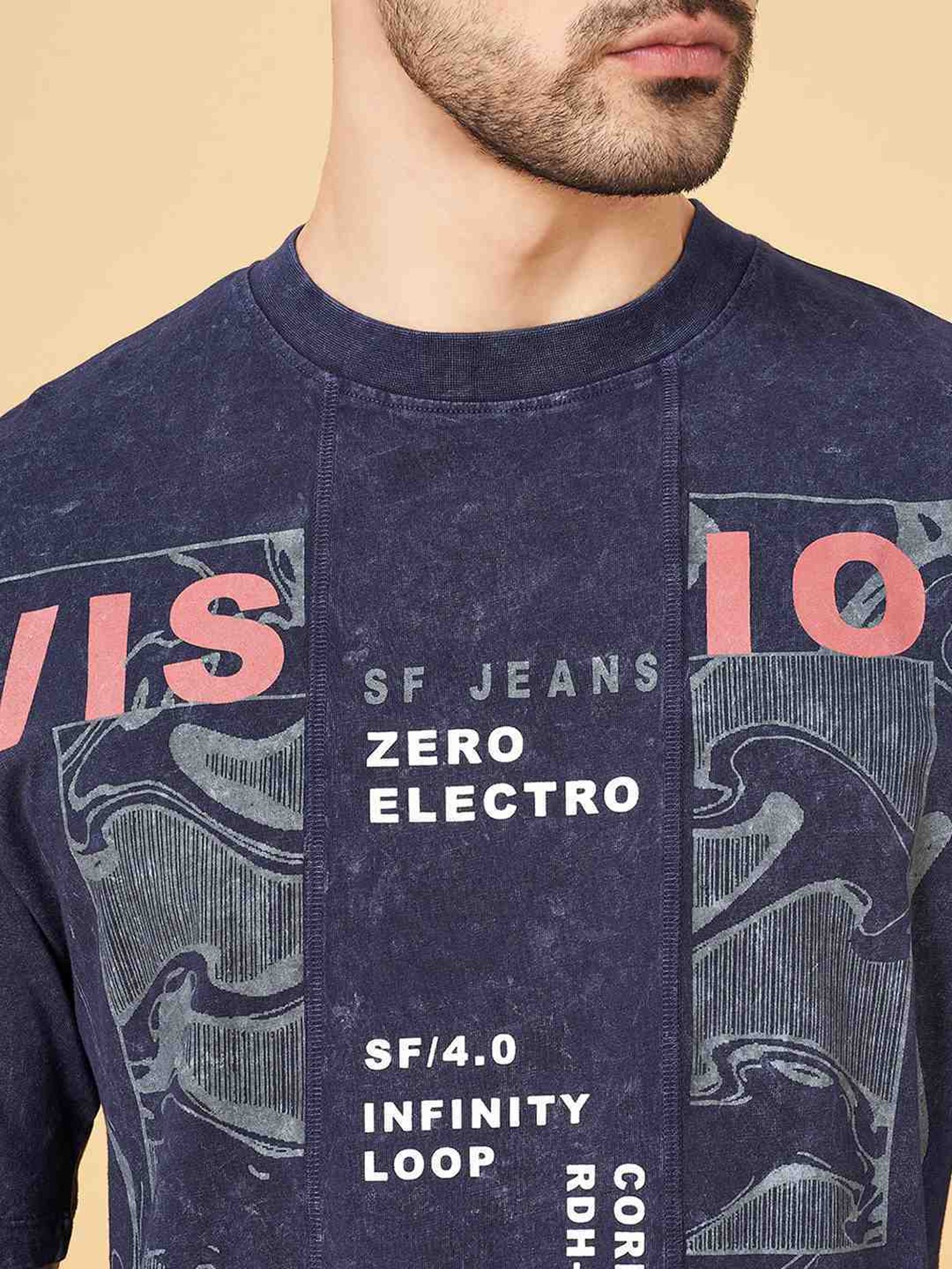 Sf Jeans By Pantaloons Faded Denim Cotton Regular Fit Printed T-Shirt