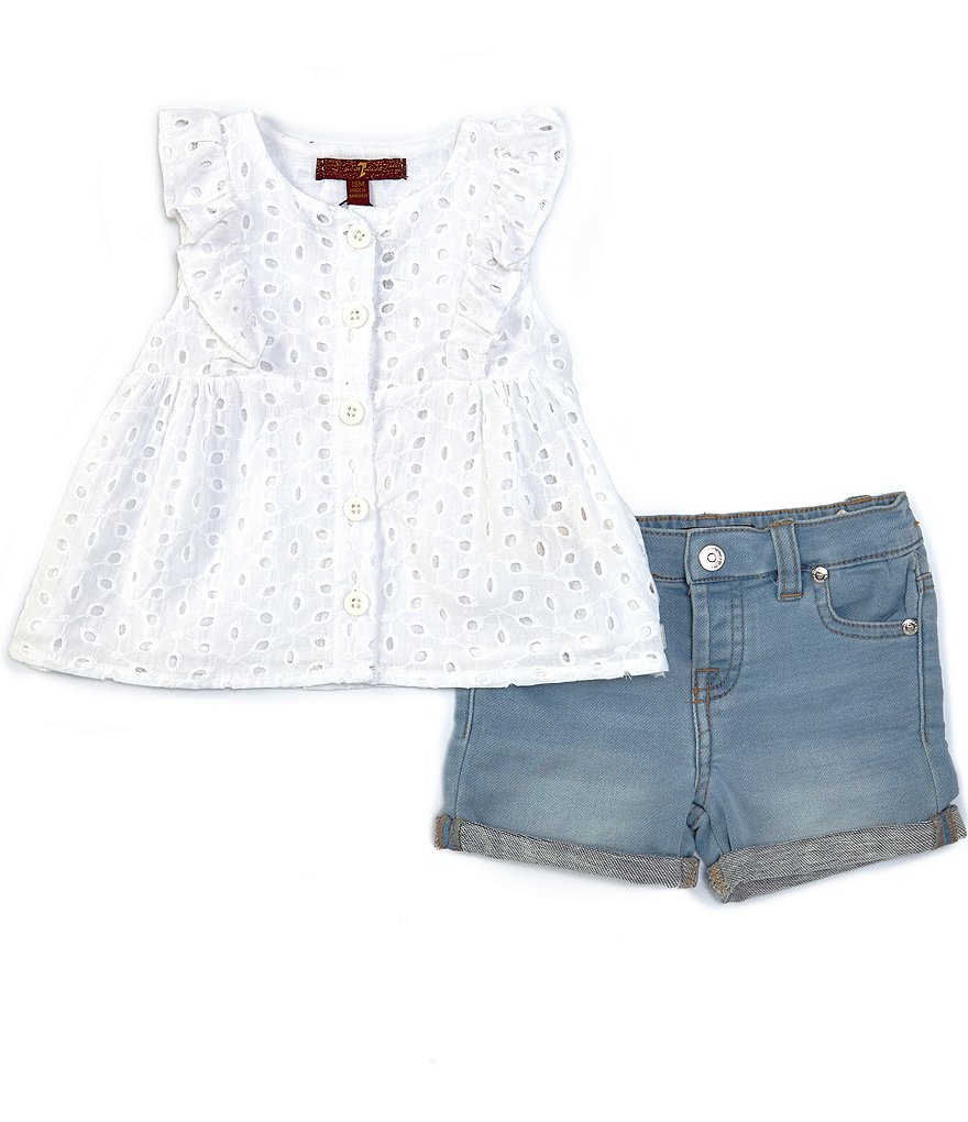 7 For All Mankind Baby Girls 12-24 Months Sleeveless Eyelet Ruffle Top & Denim Shorts Set