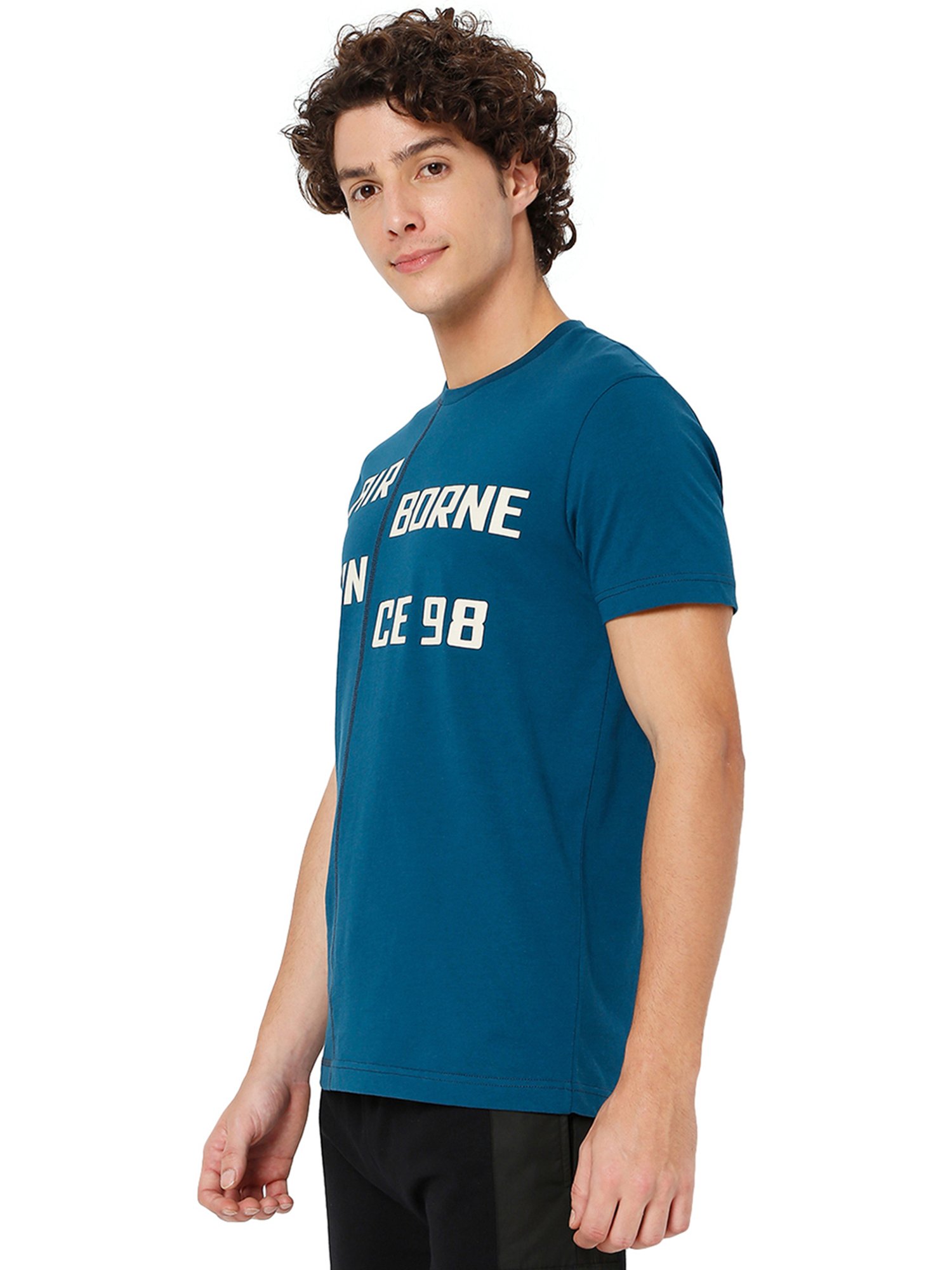 Mufti Teal Slim Fit Printed Crew T-Shirt