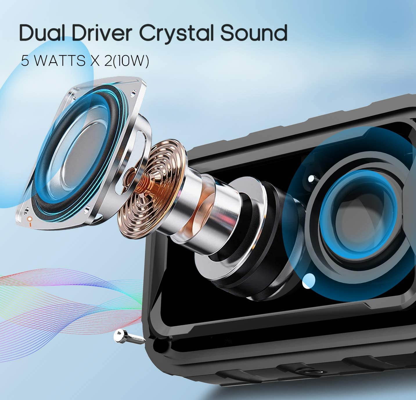 Waterproof Bluetooth Speakers V5.0,Portable Wireless Speaker for Outdoor,10W,10H Playtime,for PC Tablet Laptop Computer,All Andriod iPhone Cell Phone,Perfect for Hiking,Camping,Cyclying Sports (BLACK)