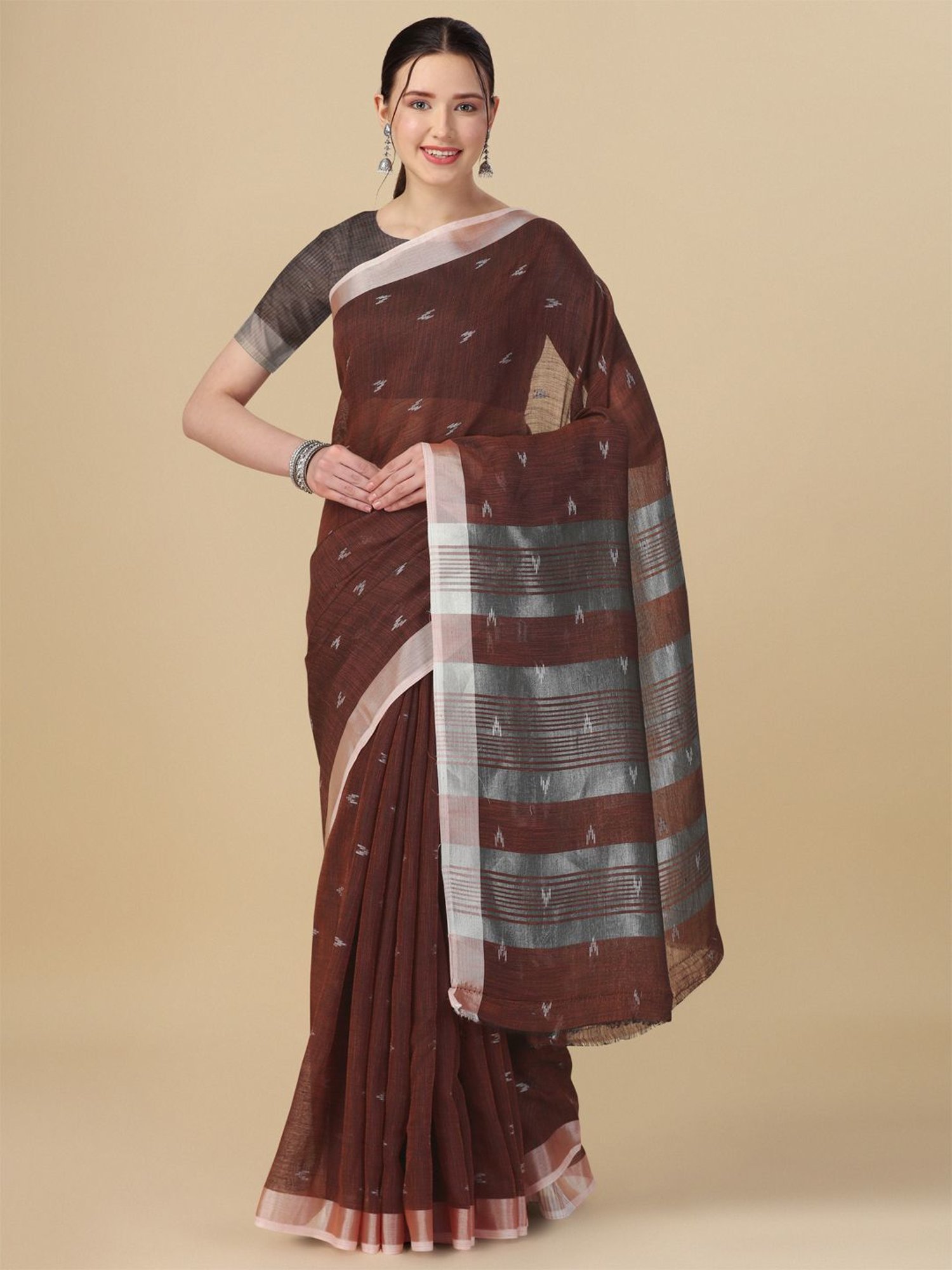 Elora Brown Linen Woven Saree With Unstitched Blouse