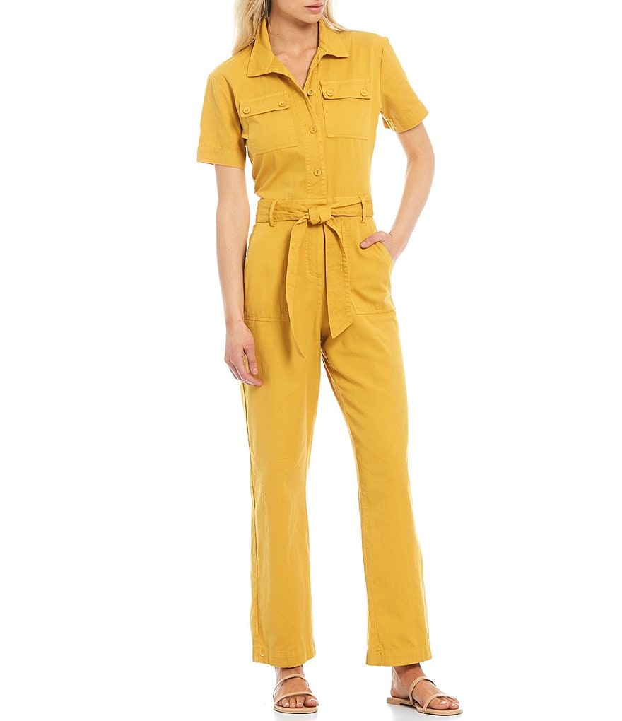 Every Short Sleeve Belted Point Collar Jumpsuit