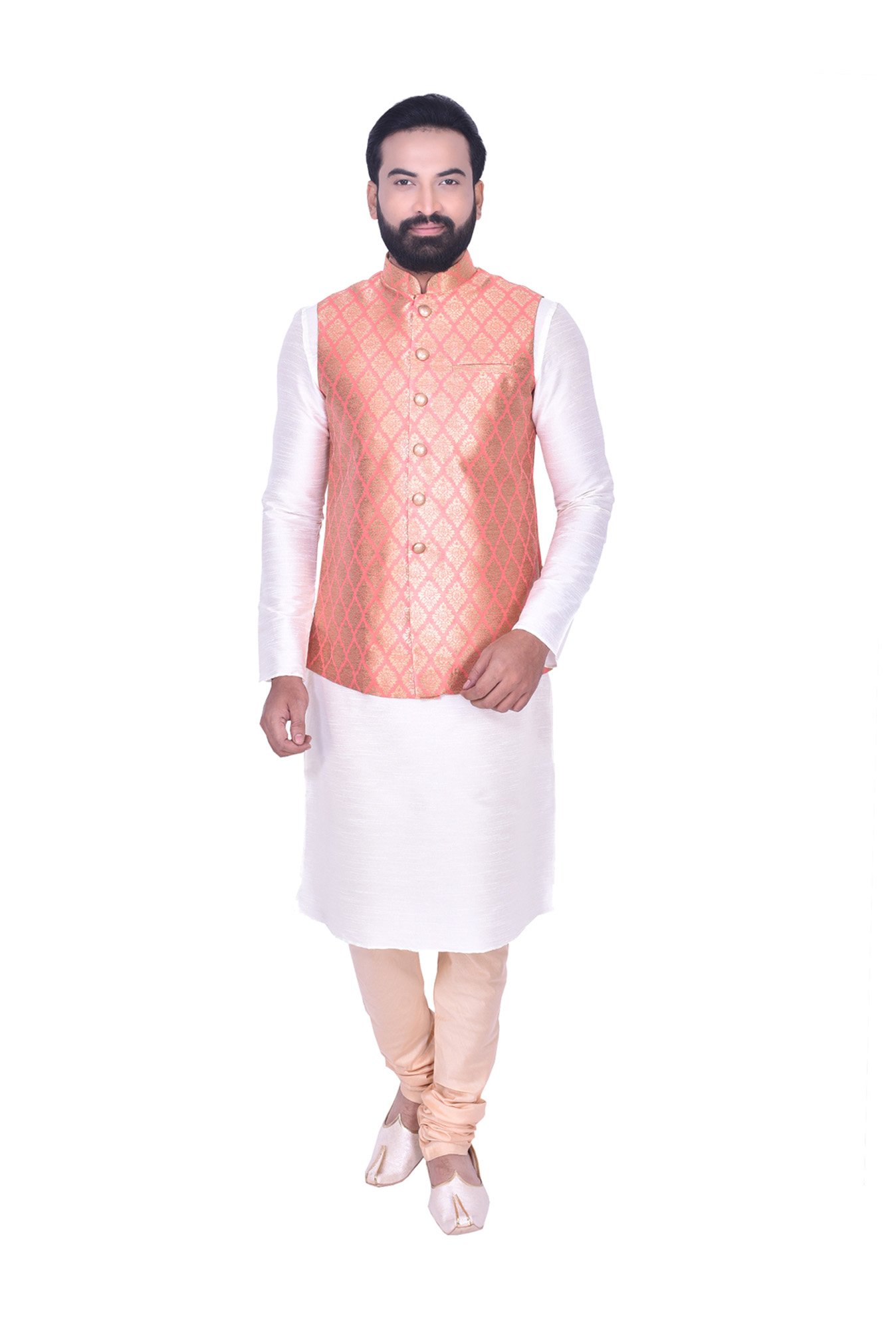 Manyavar Peach Mandarin Collar Ethnic Jacket