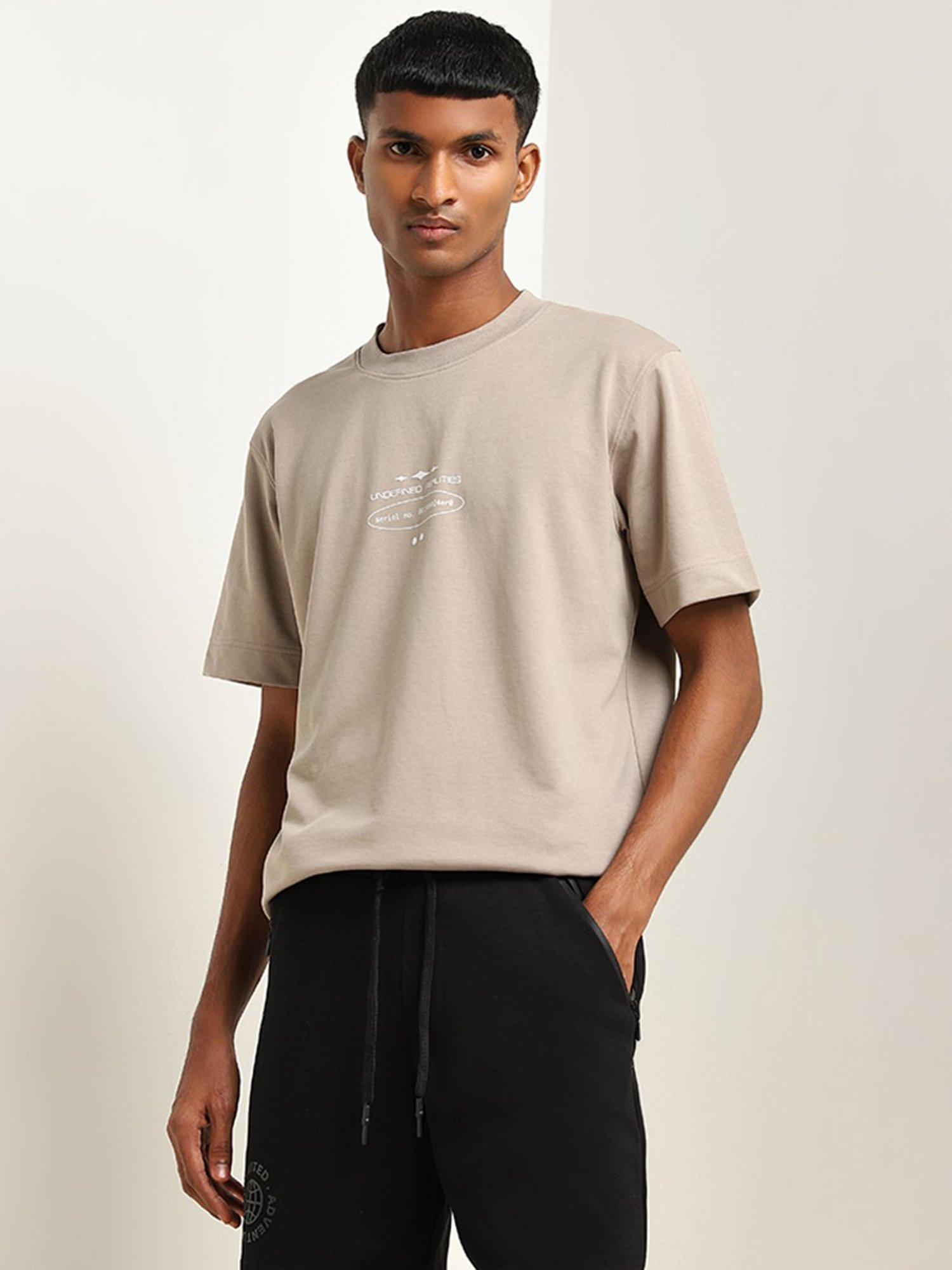 Studiofit by Westside Taupe Text Pattern Regular-Fit T-Shirt